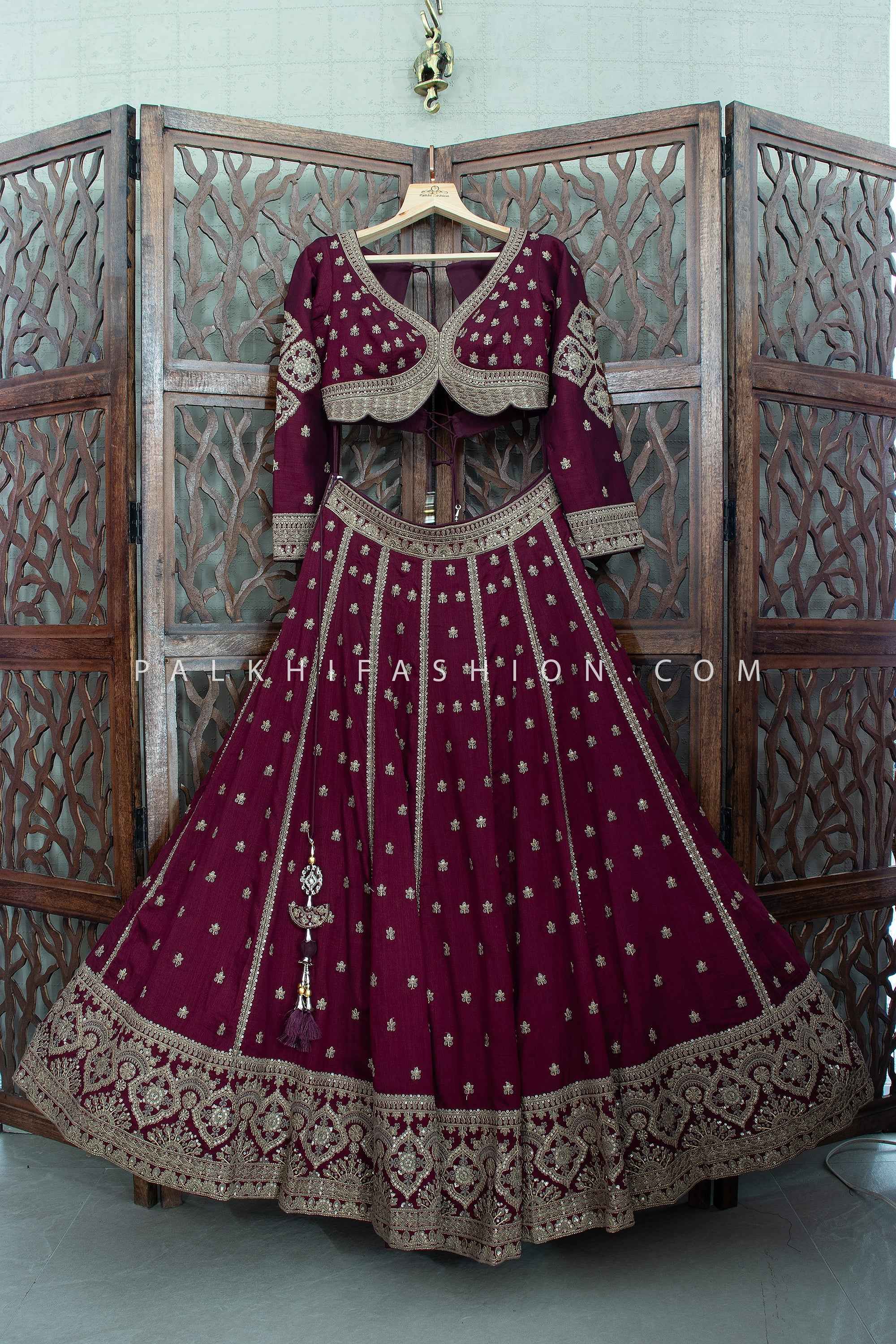Elegant Wine Antique Gold Embroidered Silk Lehenga Choli | Palkhi Fashion