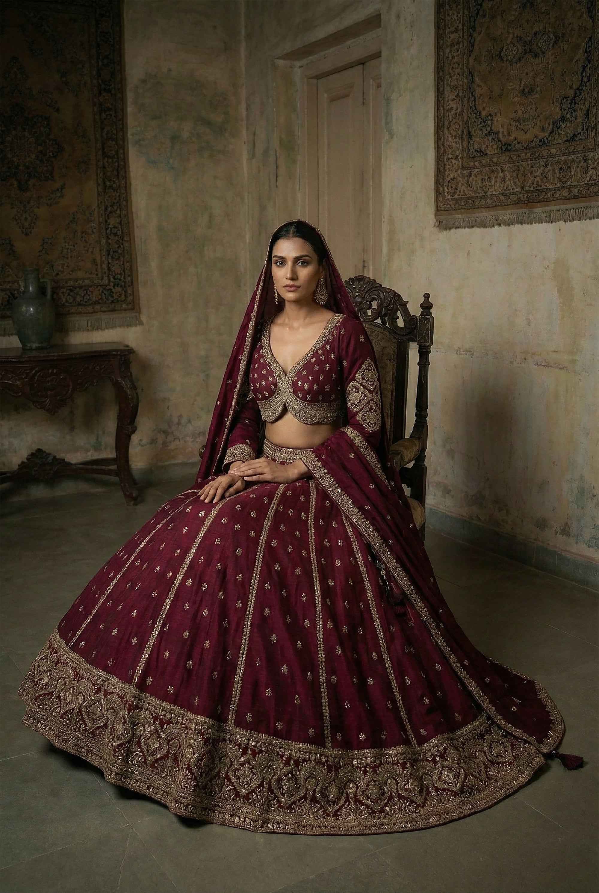 Elegant Wine Antique Gold Embroidered Silk Lehenga Choli | Palkhi Fashion