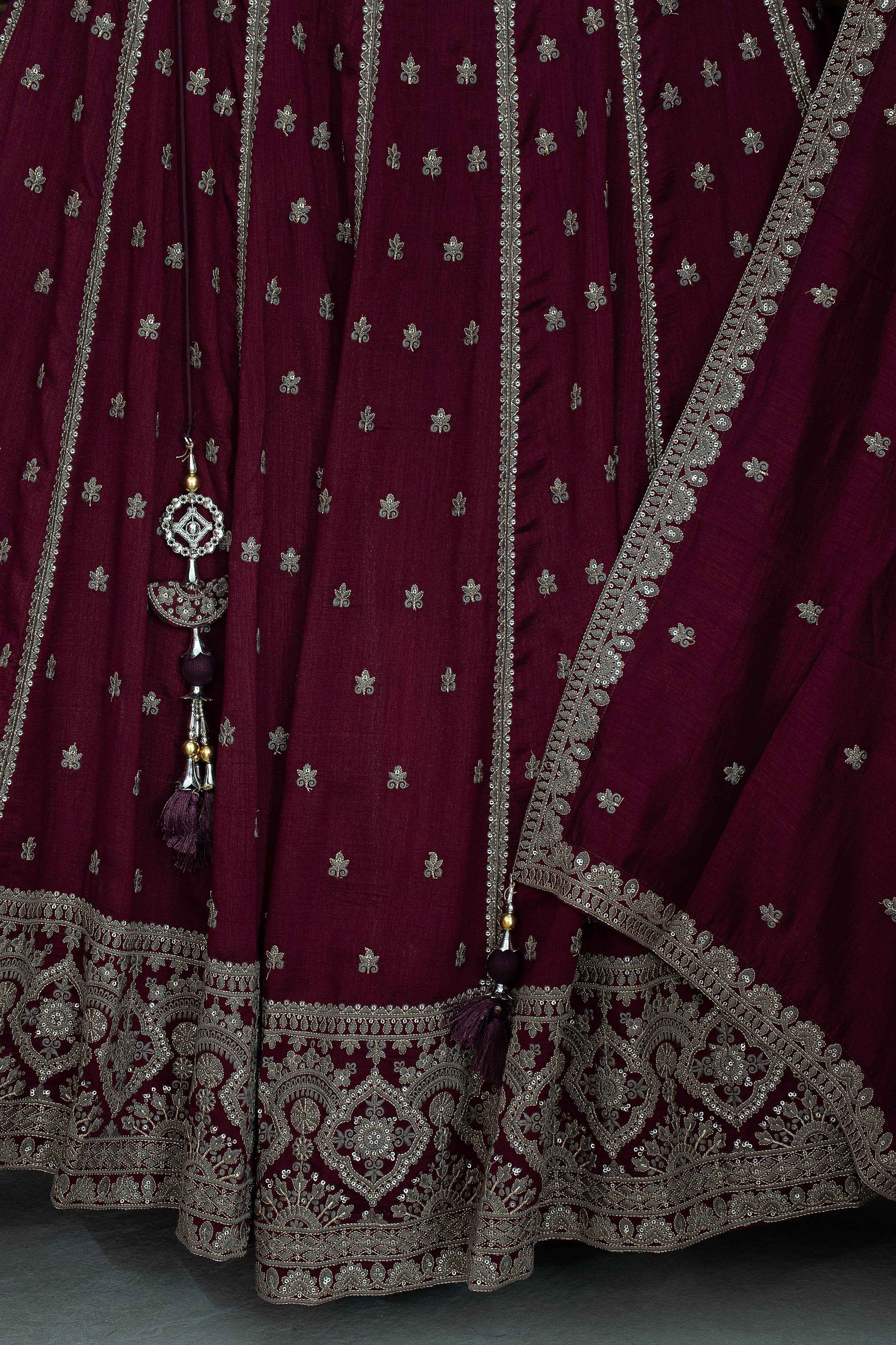 Elegant Wine Antique Gold Embroidered Silk Lehenga Choli | Palkhi Fashion