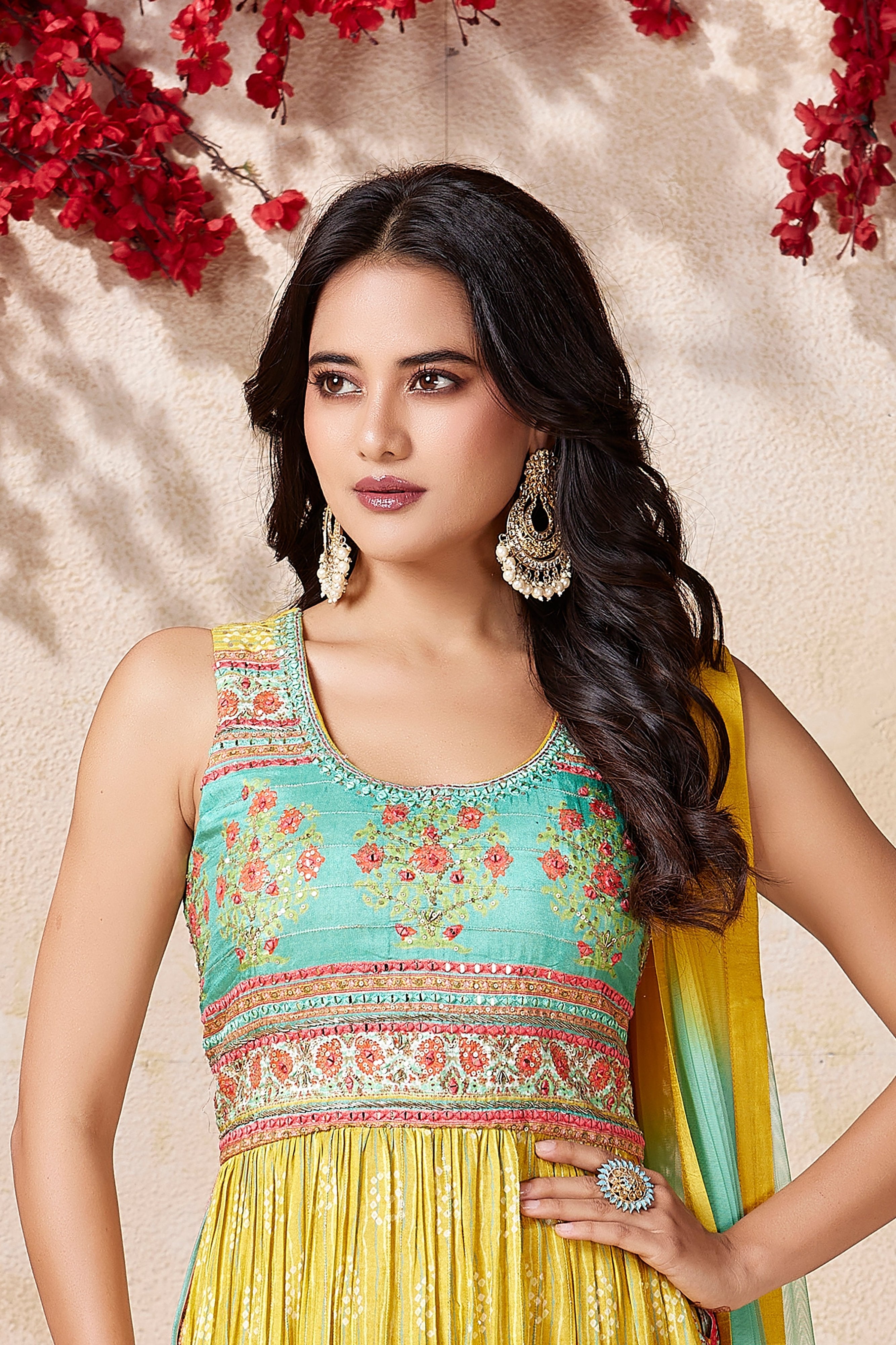 Elegant Yellow/Teal Naira Cut Palazzo Set | Palkhi Fashion