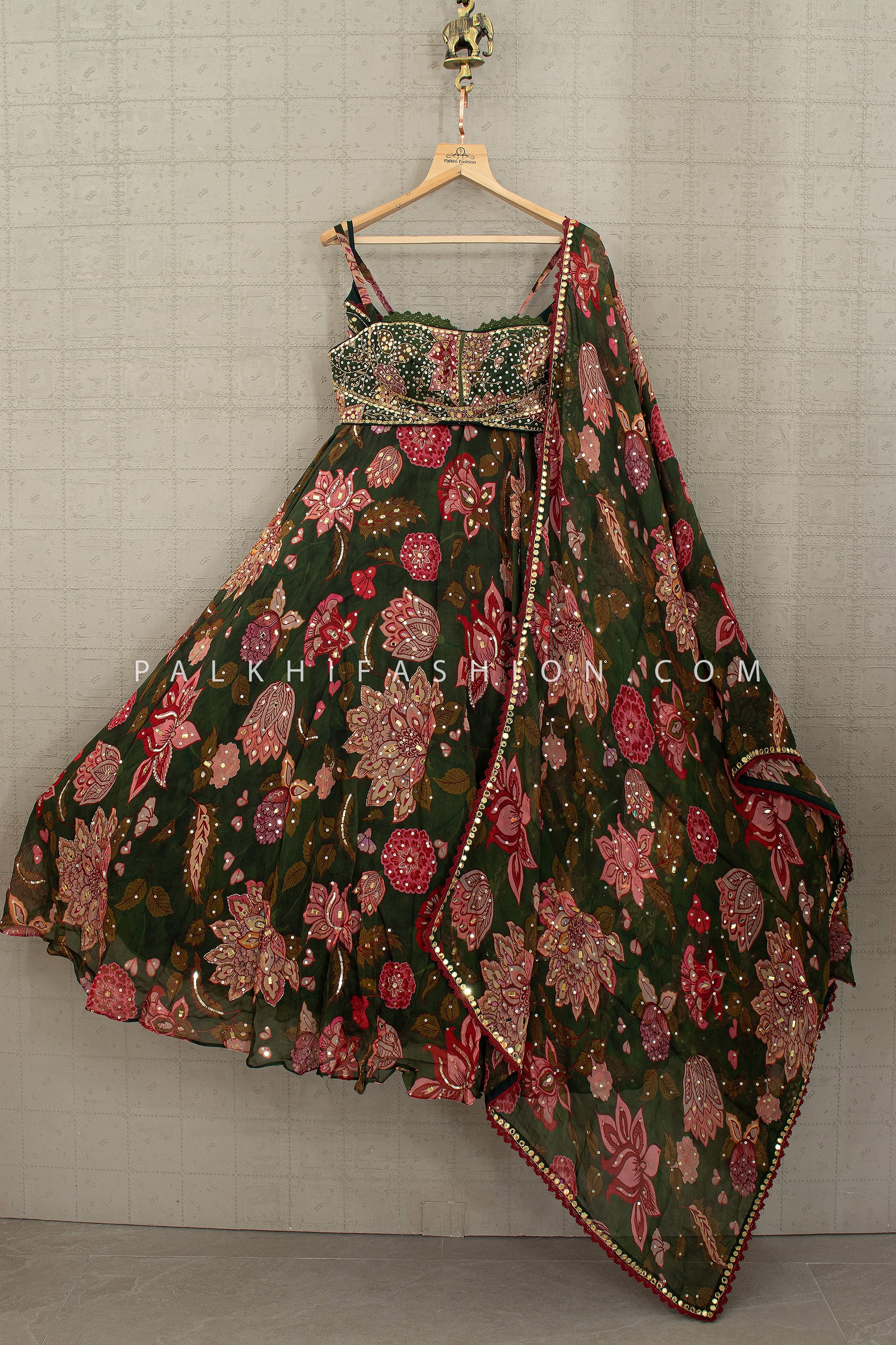 Emerald Bloom - Dark Green Floral Designer Lehenga Set – Palkhi Fashion