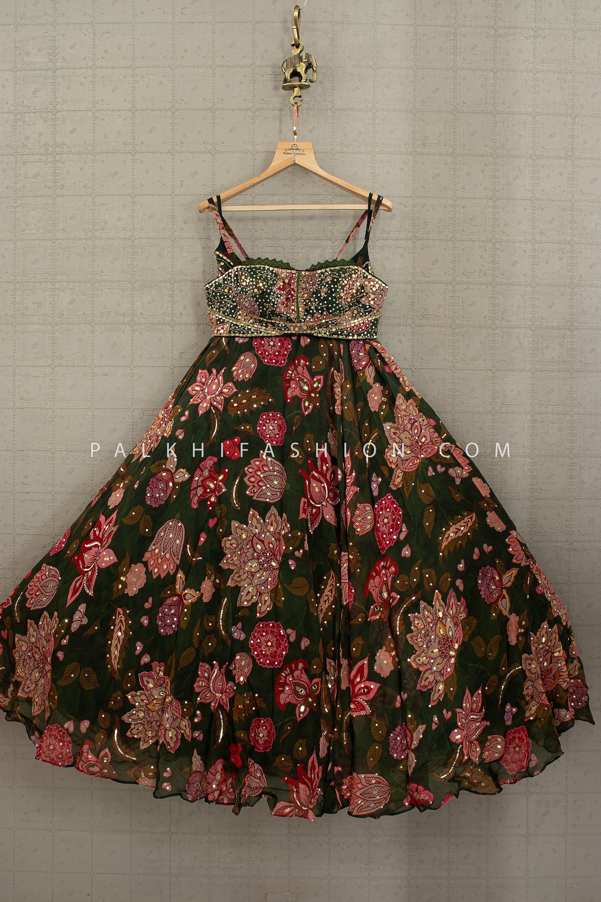 Emerald Bloom - Dark Green Floral Designer Lehenga Set – Palkhi Fashion