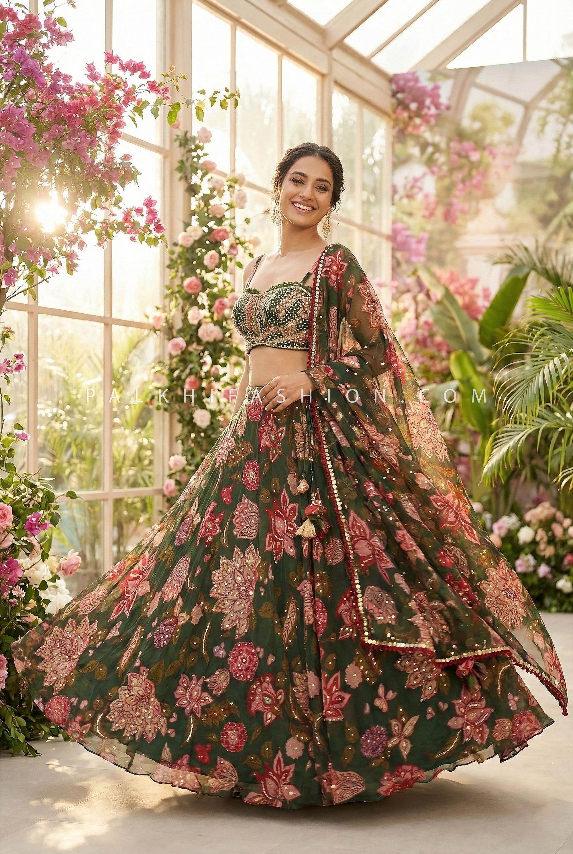 Emerald Bloom - Dark Green Floral Designer Lehenga Set – Palkhi Fashion
