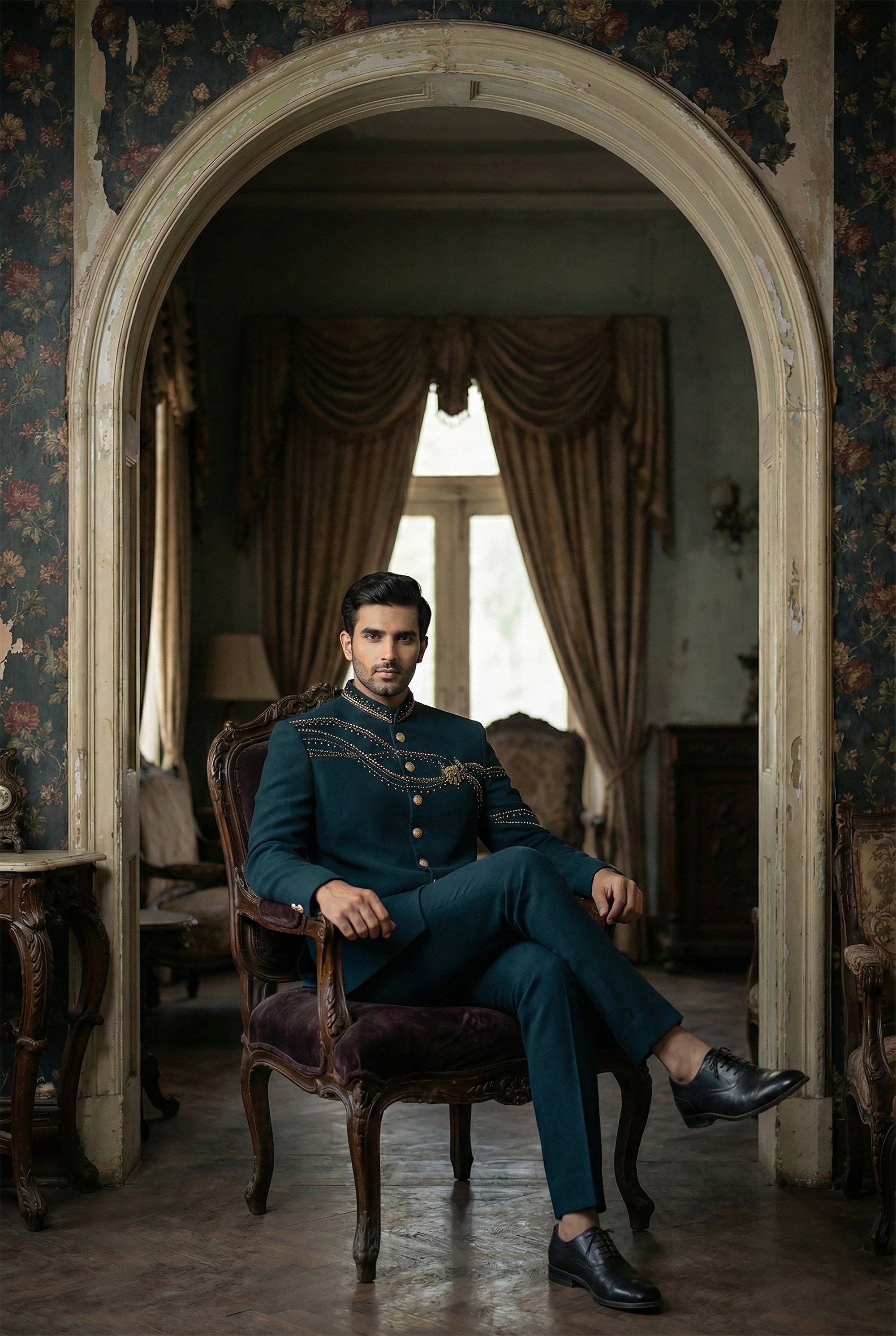 Emerald Crest — Men’s Emerald Green Designer Indo - Western with Handwork | Palkhi Fashion