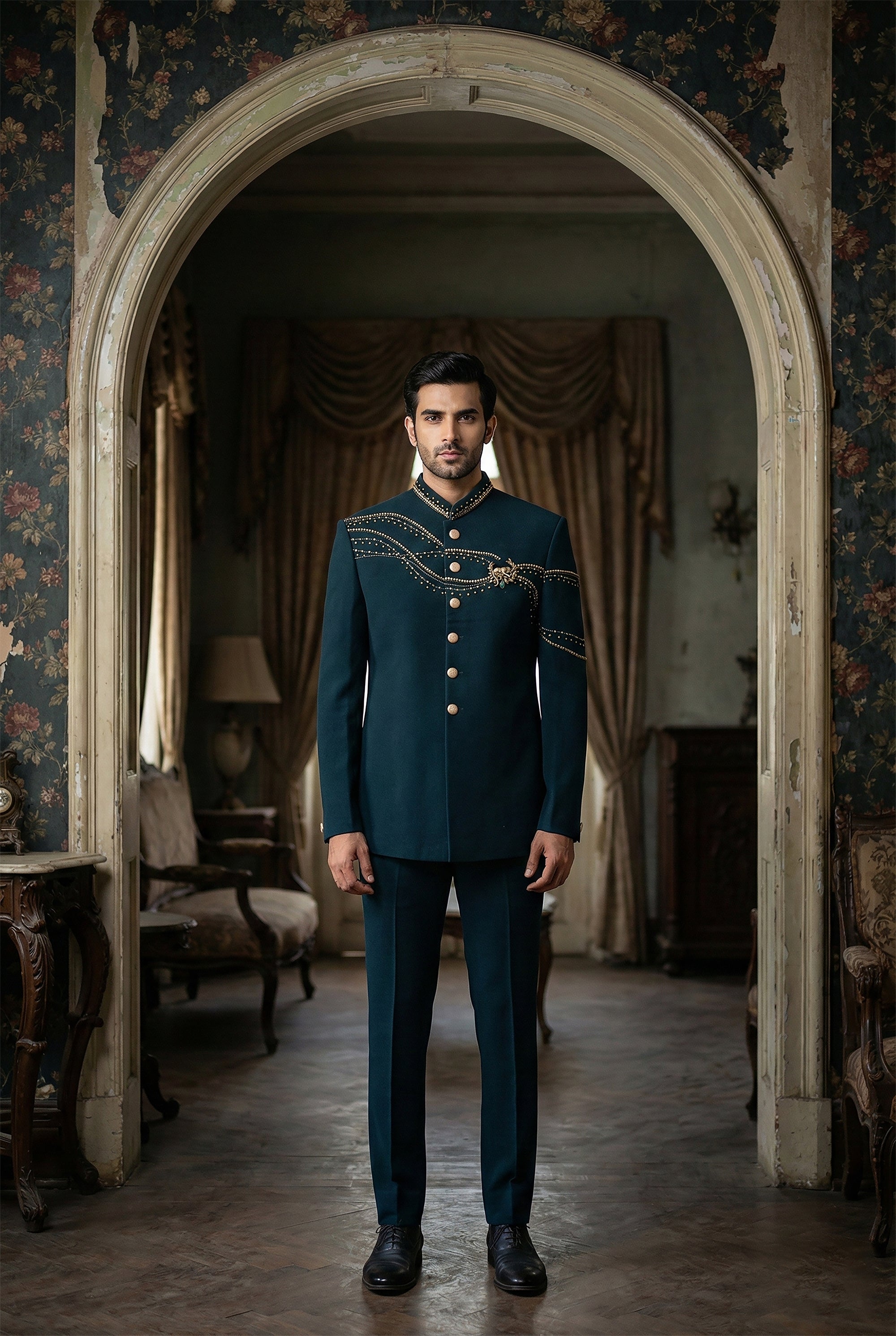 Emerald Crest — Men’s Emerald Green Designer Indo - Western with Handwork | Palkhi Fashion