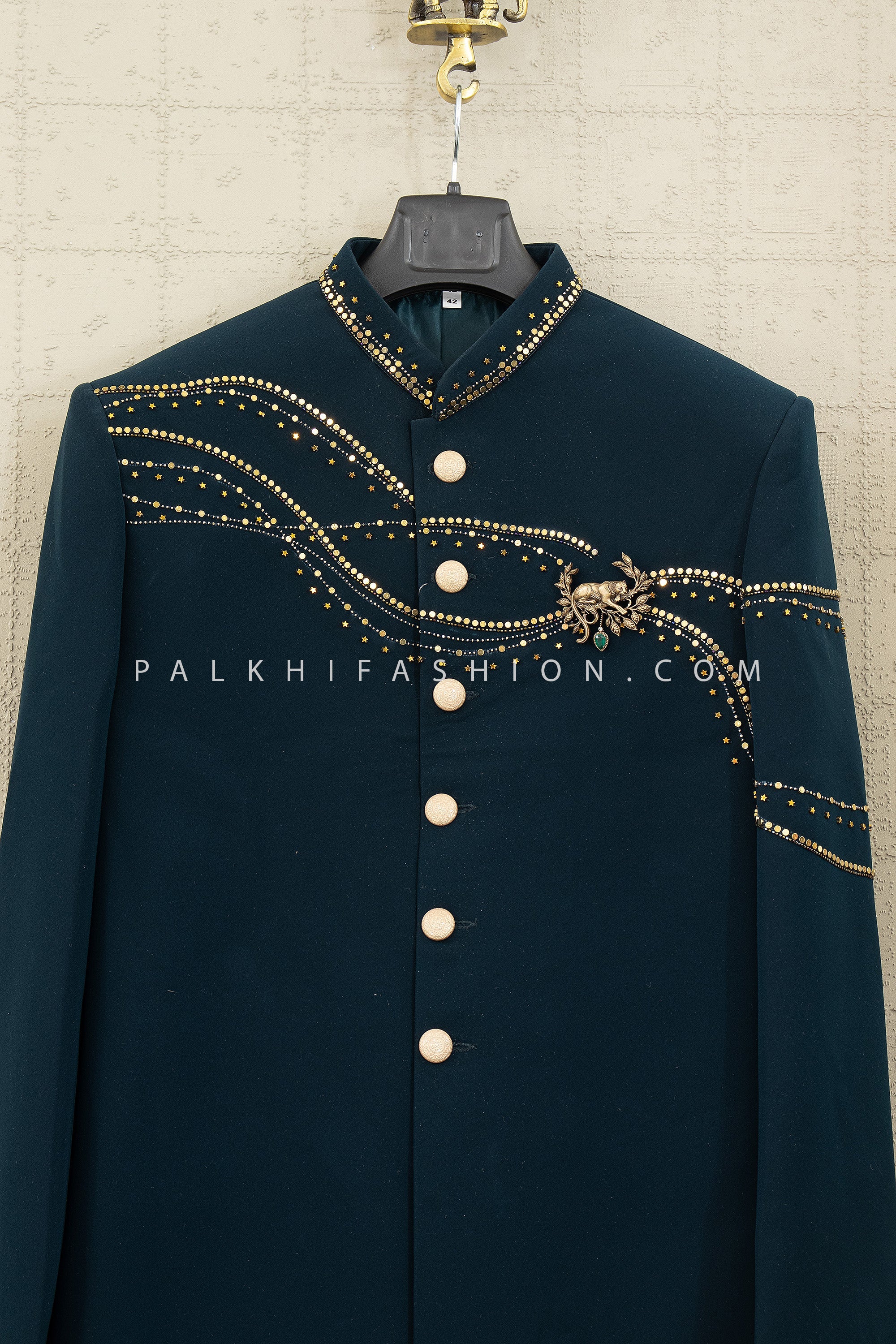 Emerald Crest — Men’s Emerald Green Designer Indo - Western with Handwork | Palkhi Fashion