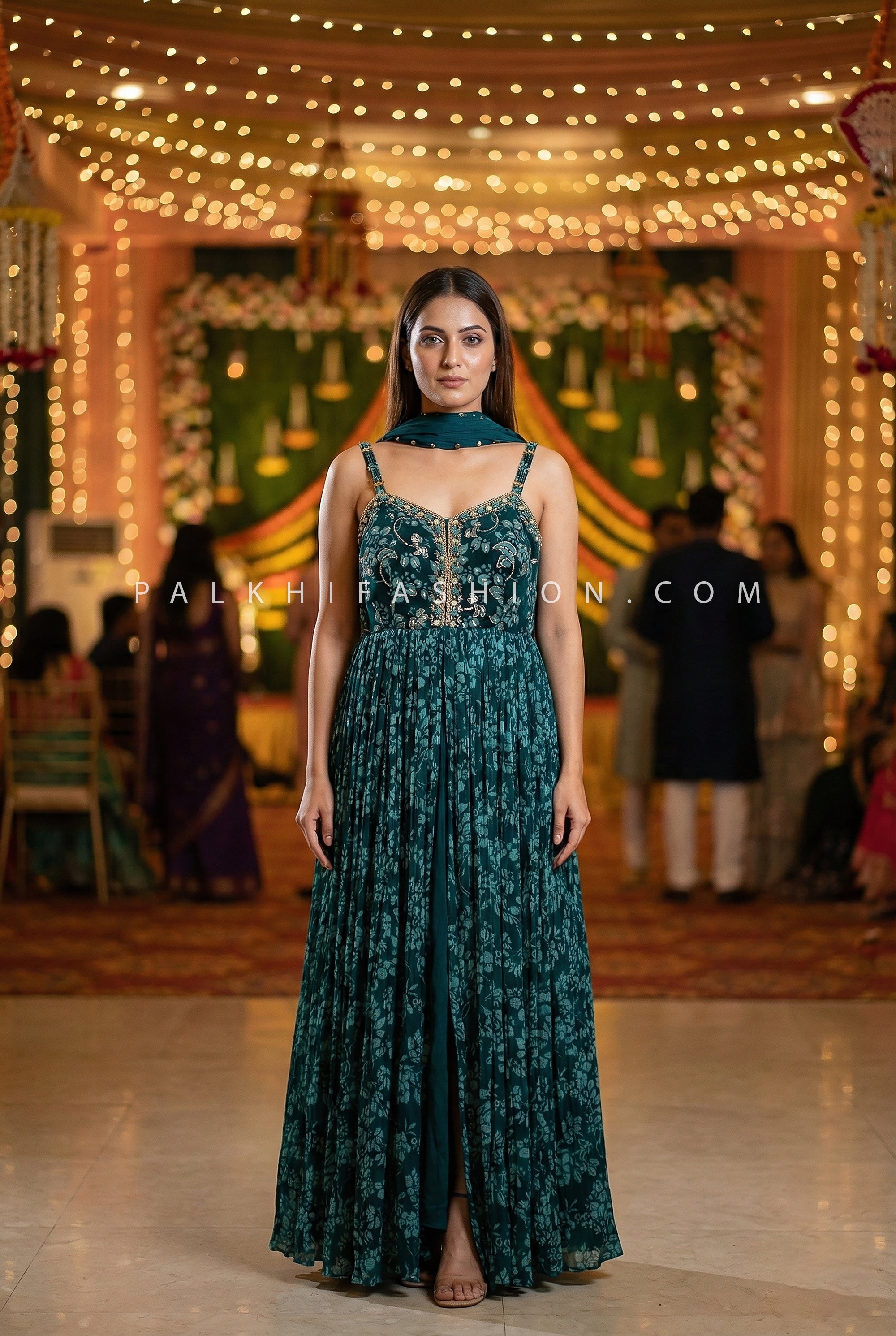 Emerald Flow - Teal Georgette Palazzo Outfit with Hand Embellished Top & Choker Dupatta | Palkhi Fashion