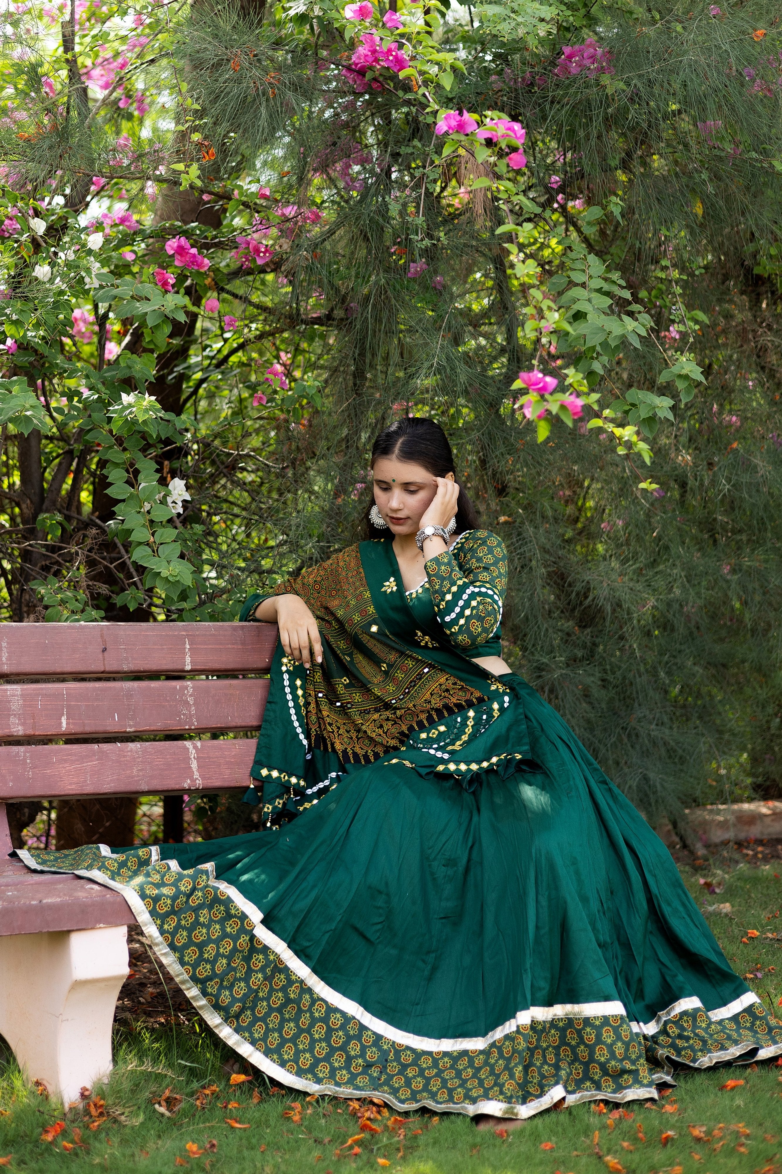 Emerald Green Embroidered Chaniya Choli with Mirror Dupatta – Palkhi Fashion