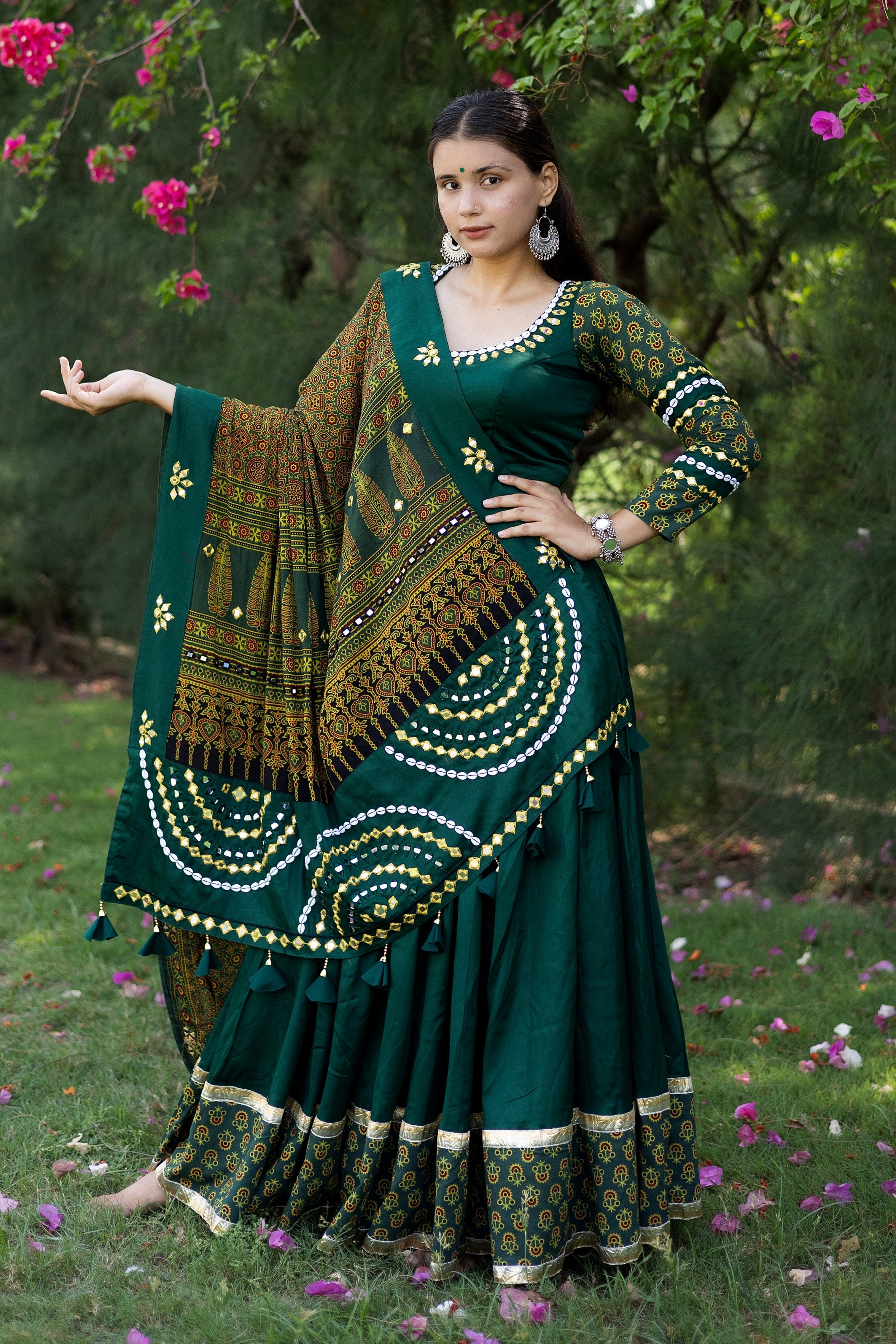Emerald Green Embroidered Chaniya Choli with Mirror Dupatta – Palkhi Fashion