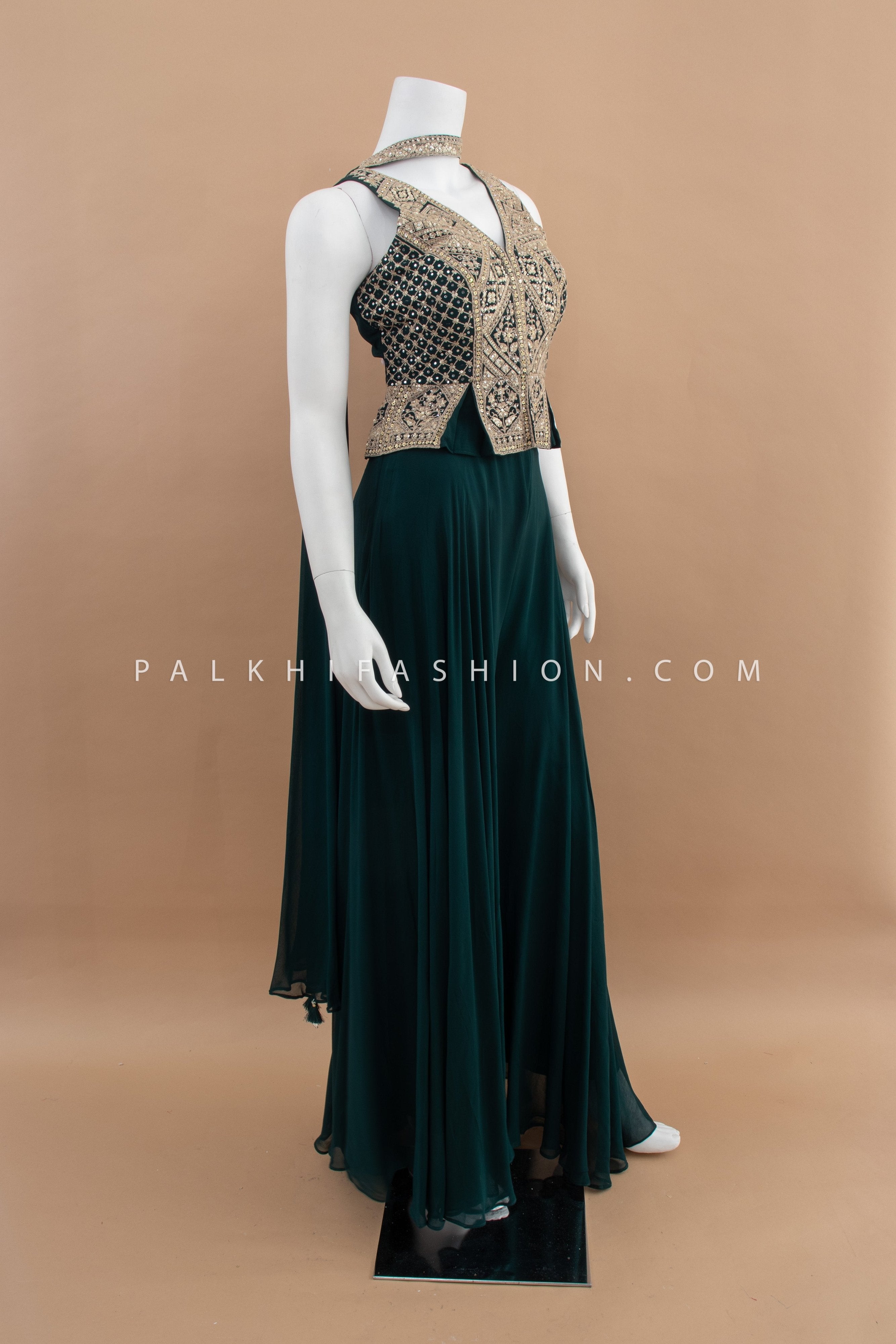Emerald Green Indo - Western Crop Top Palazzo Set with Choker Dupatta – Palkhi Fashion