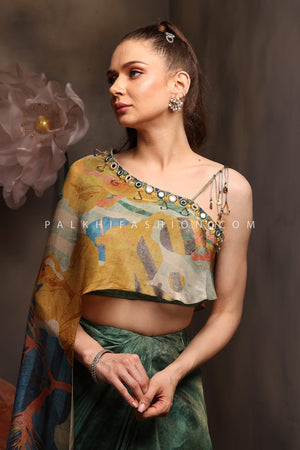 Emerald Marble Pre - Stitched Concept Saree with One - Shoulder Cape Blouse – Palkhi Fashion
