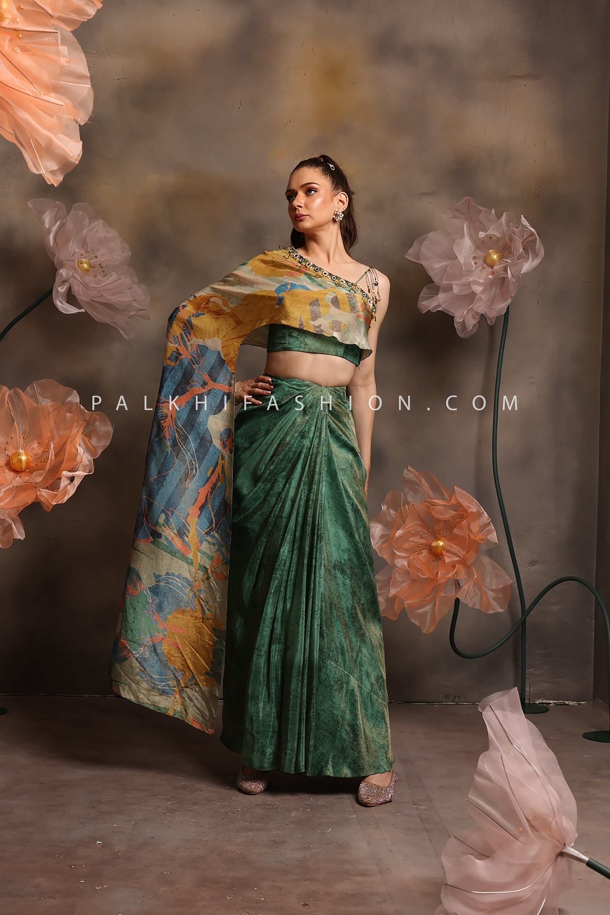 Emerald Marble Pre - Stitched Concept Saree with One - Shoulder Cape Blouse – Palkhi Fashion