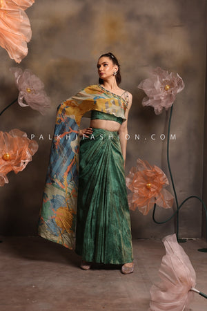 Emerald Marble Pre - Stitched Concept Saree with One - Shoulder Cape Blouse – Palkhi Fashion