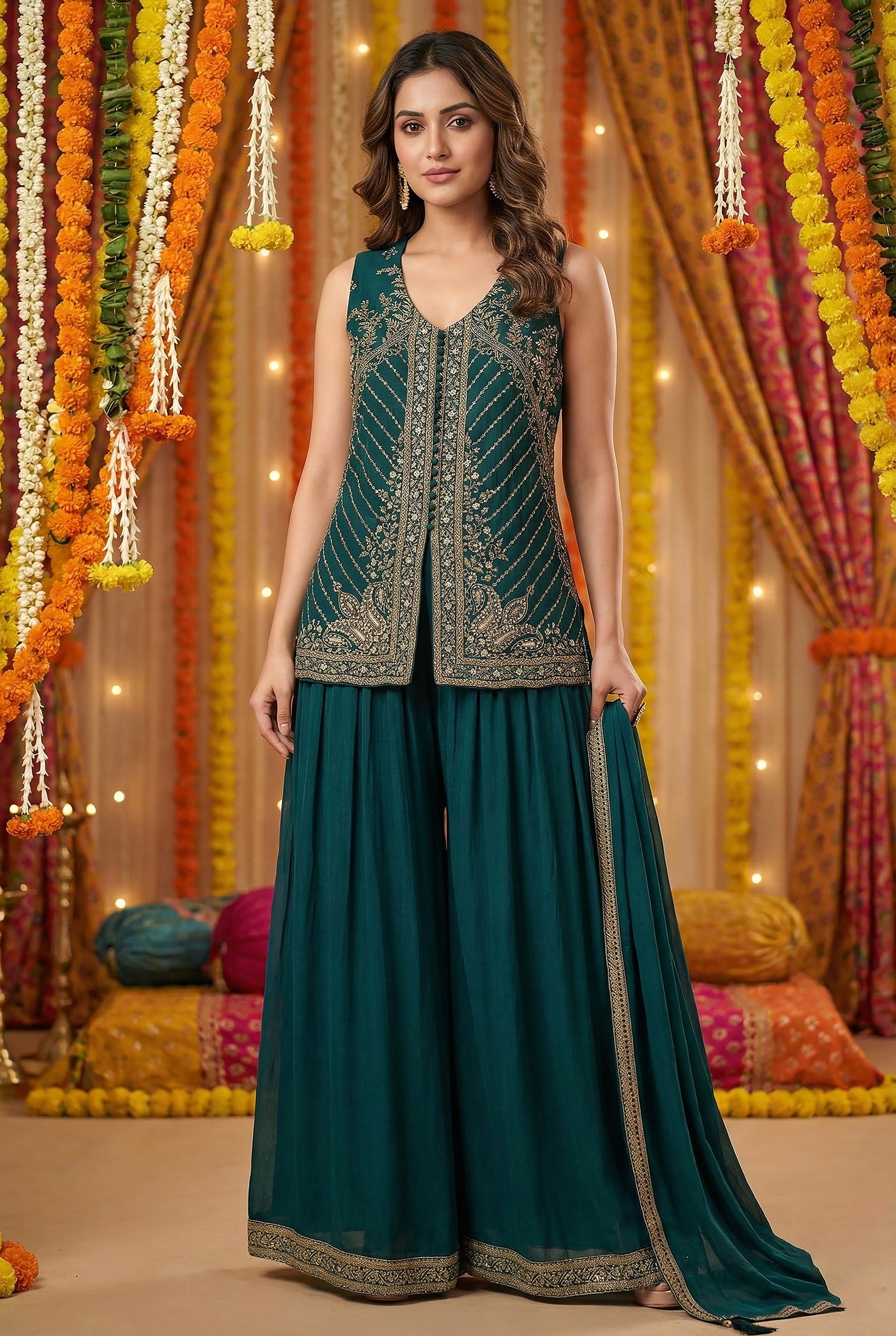 Emerald Rama Glow: Soft - Silk Palazzo Set with Stone & Weaving Work – Palkhi Fashion