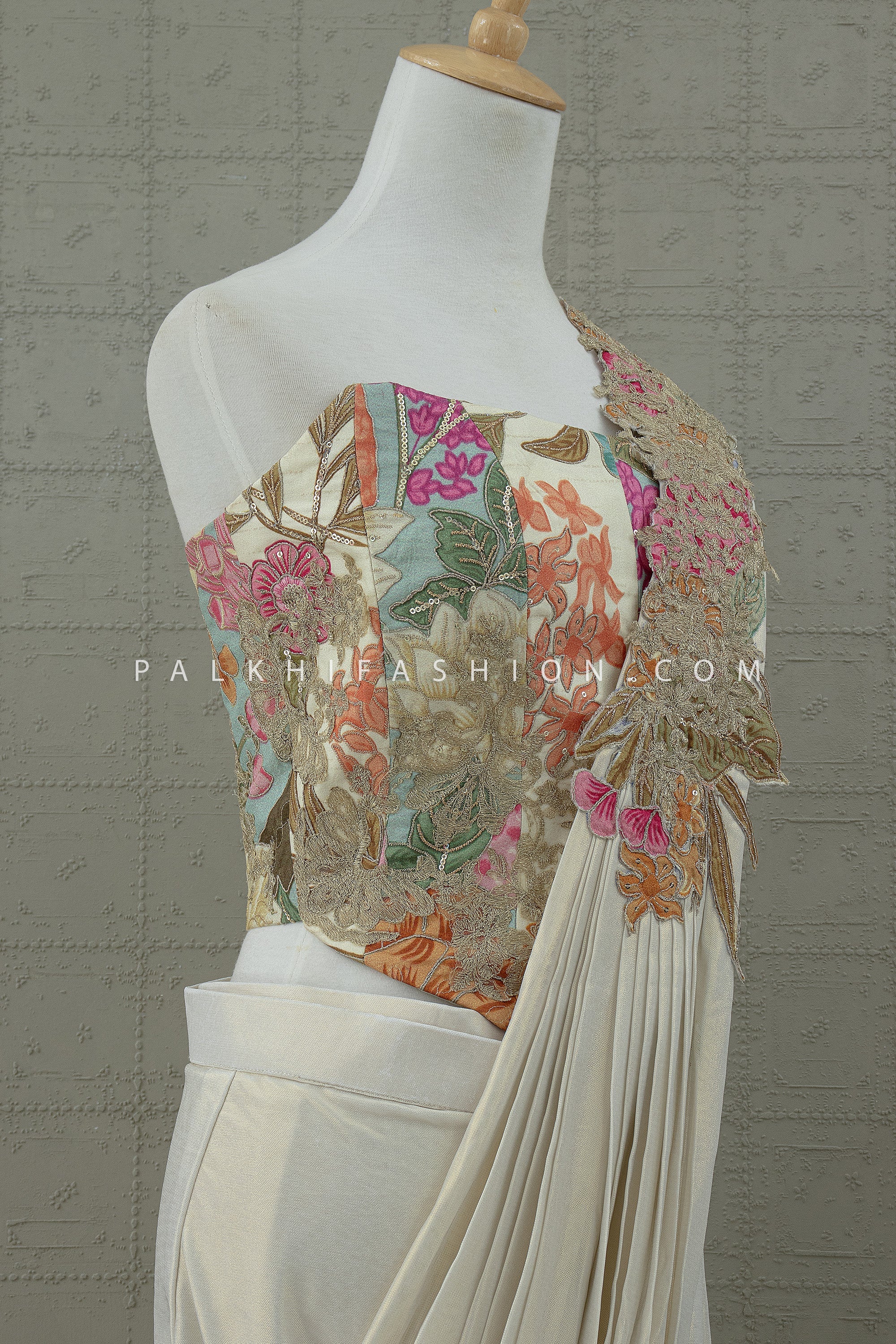 Enchanted Bloom: Ivory Pre - Draped Saree with Floral Embroidered Corset – Palkhi Fashion
