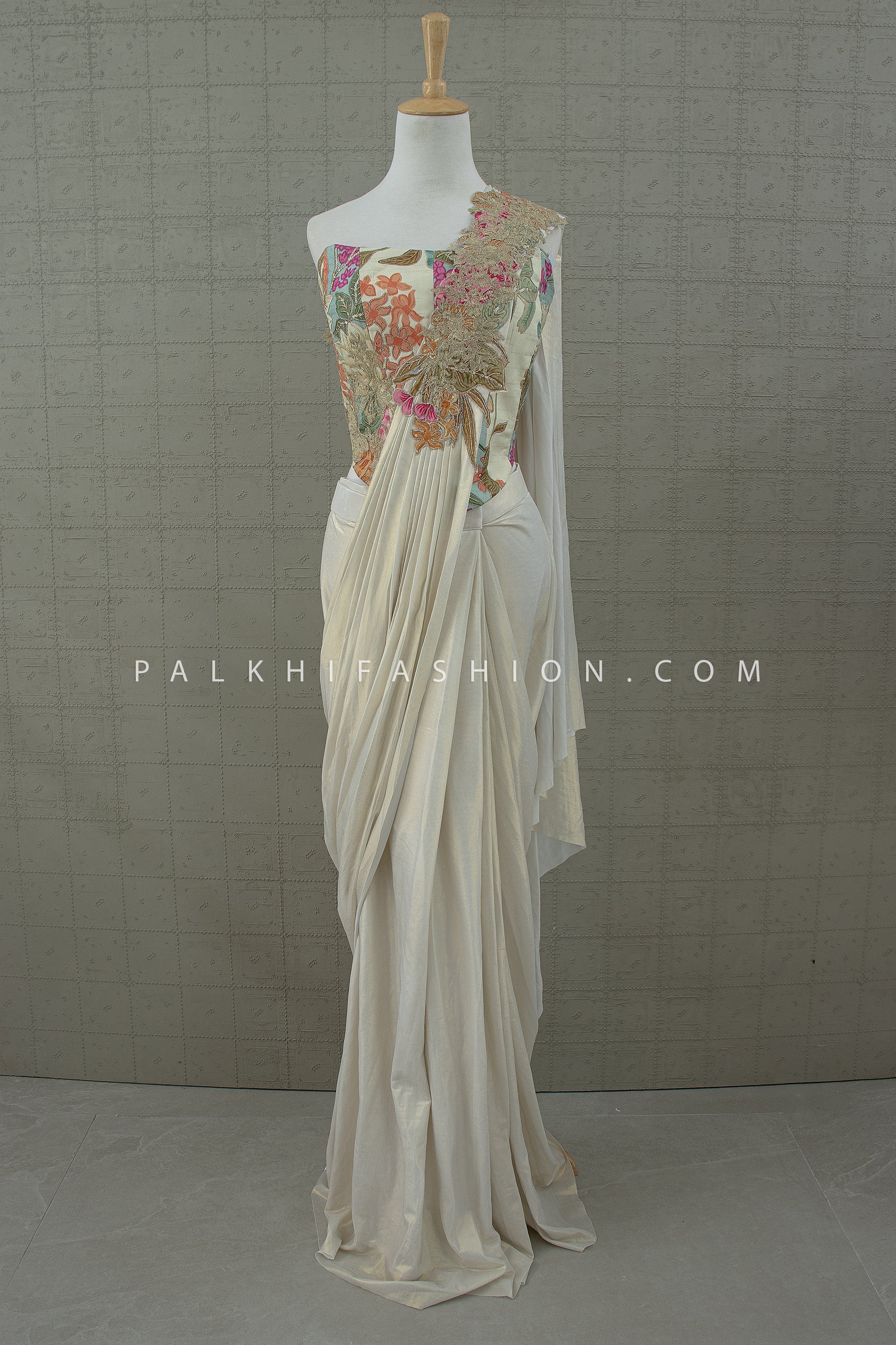 Enchanted Bloom: Ivory Pre - Draped Saree with Floral Embroidered Corset – Palkhi Fashion