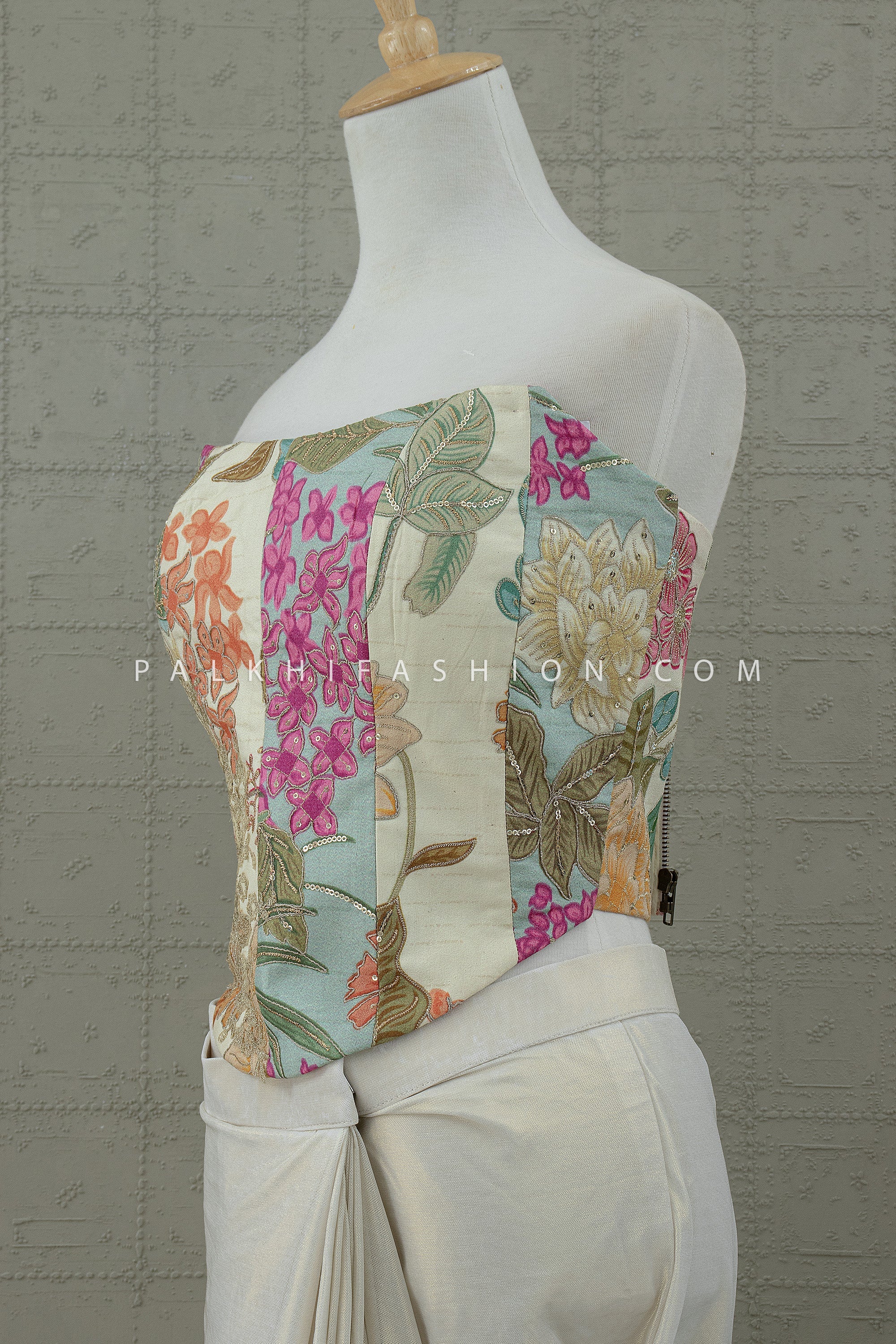 Enchanted Bloom: Ivory Pre - Draped Saree with Floral Embroidered Corset – Palkhi Fashion