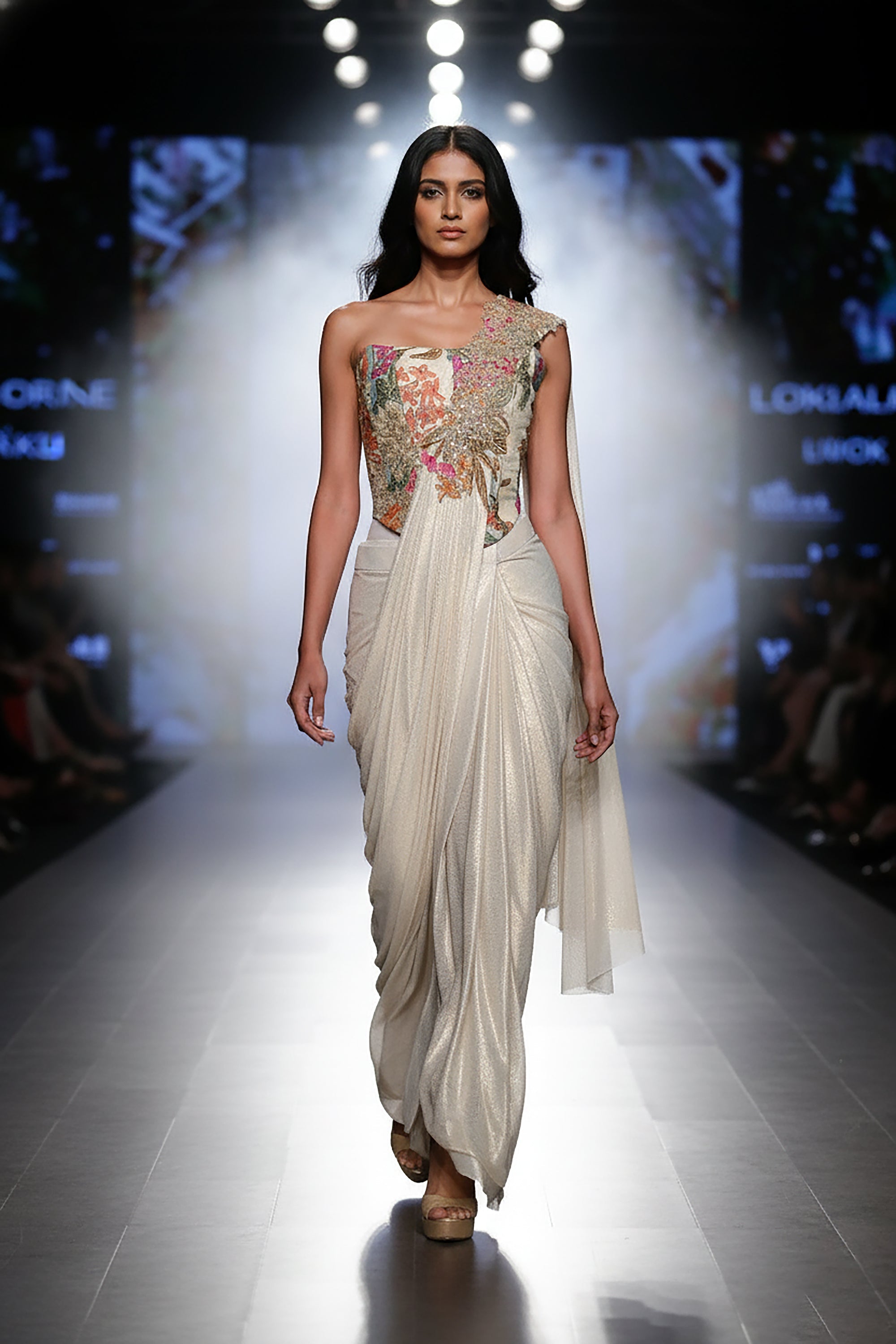 Enchanted Bloom: Ivory Pre - Draped Saree with Floral Embroidered Corset – Palkhi Fashion