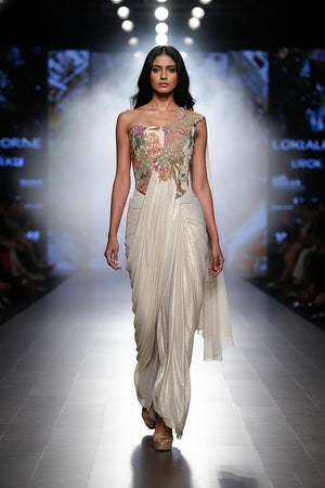 Enchanted Bloom: Ivory Pre - Draped Saree with Floral Embroidered Corset – Palkhi Fashion