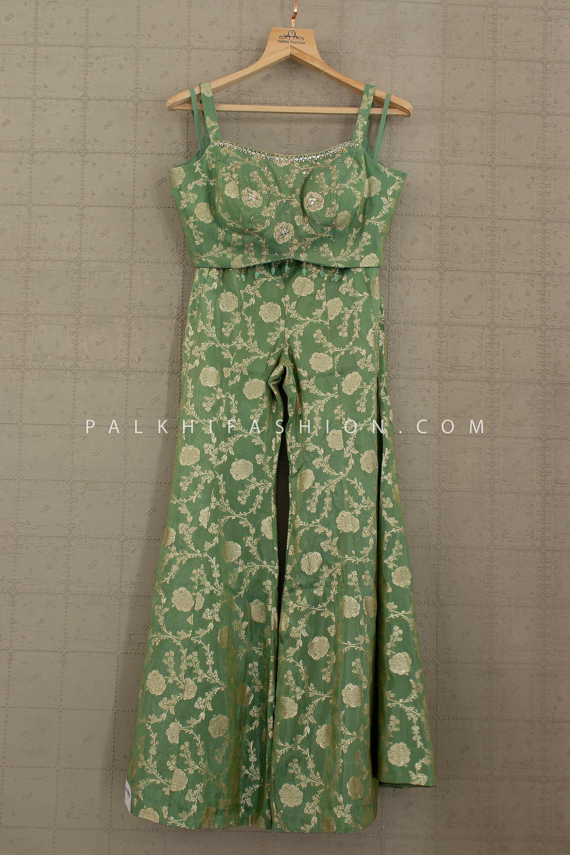 Enchanting Ombre Green Banarasi Crop Top Palazzo with Embellished Jacket – Palkhi Fashion