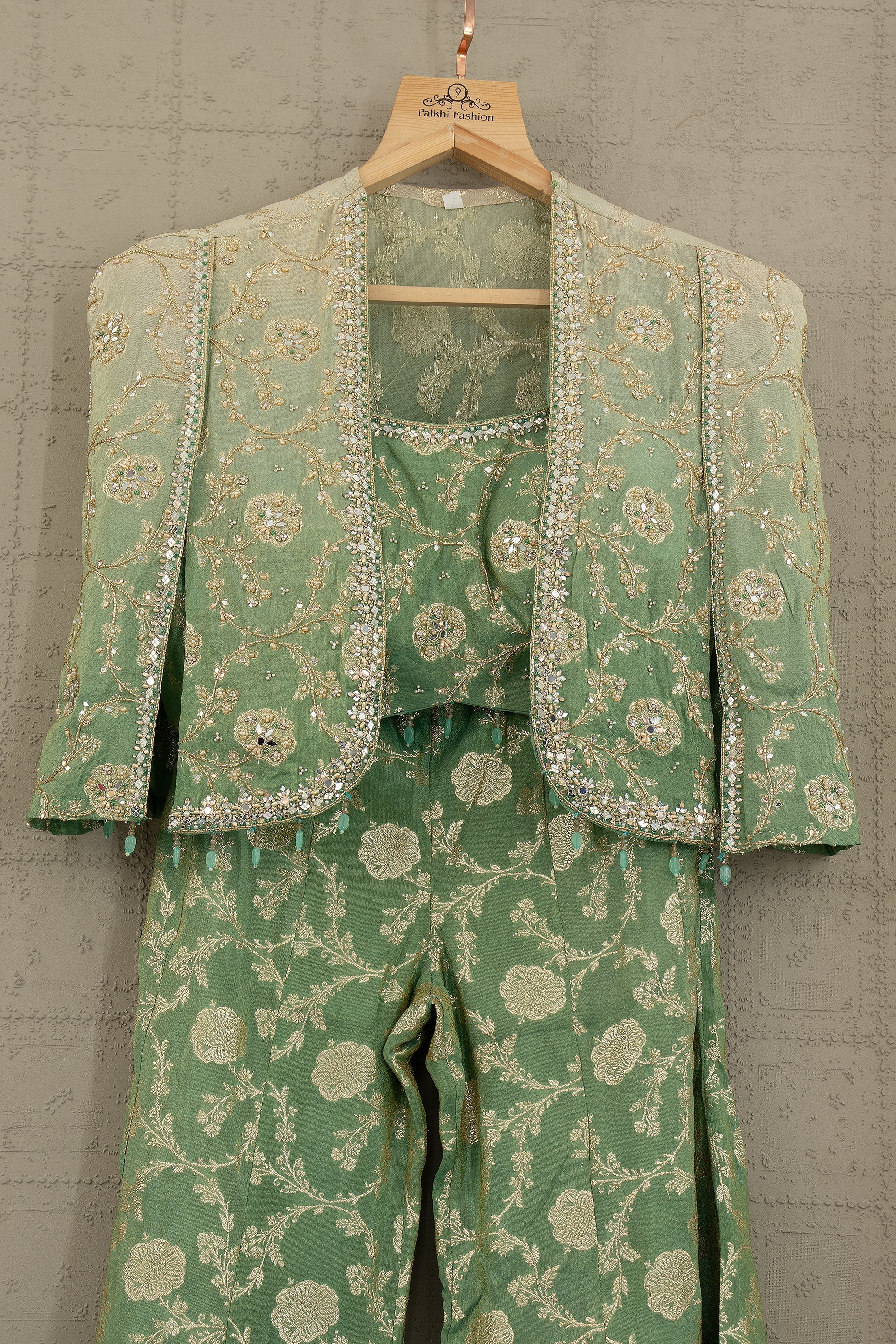 Enchanting Ombre Green Banarasi Crop Top Palazzo with Embellished Jacket – Palkhi Fashion