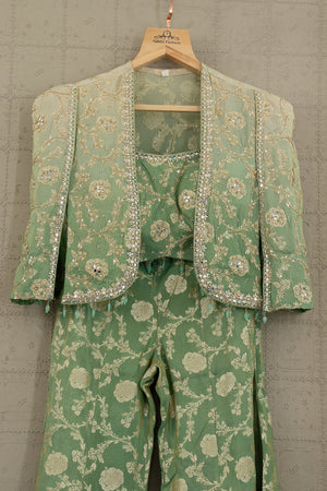 Enchanting Ombre Green Banarasi Crop Top Palazzo with Embellished Jacket – Palkhi Fashion