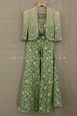 Enchanting Ombre Green Banarasi Crop Top Palazzo with Embellished Jacket – Palkhi Fashion