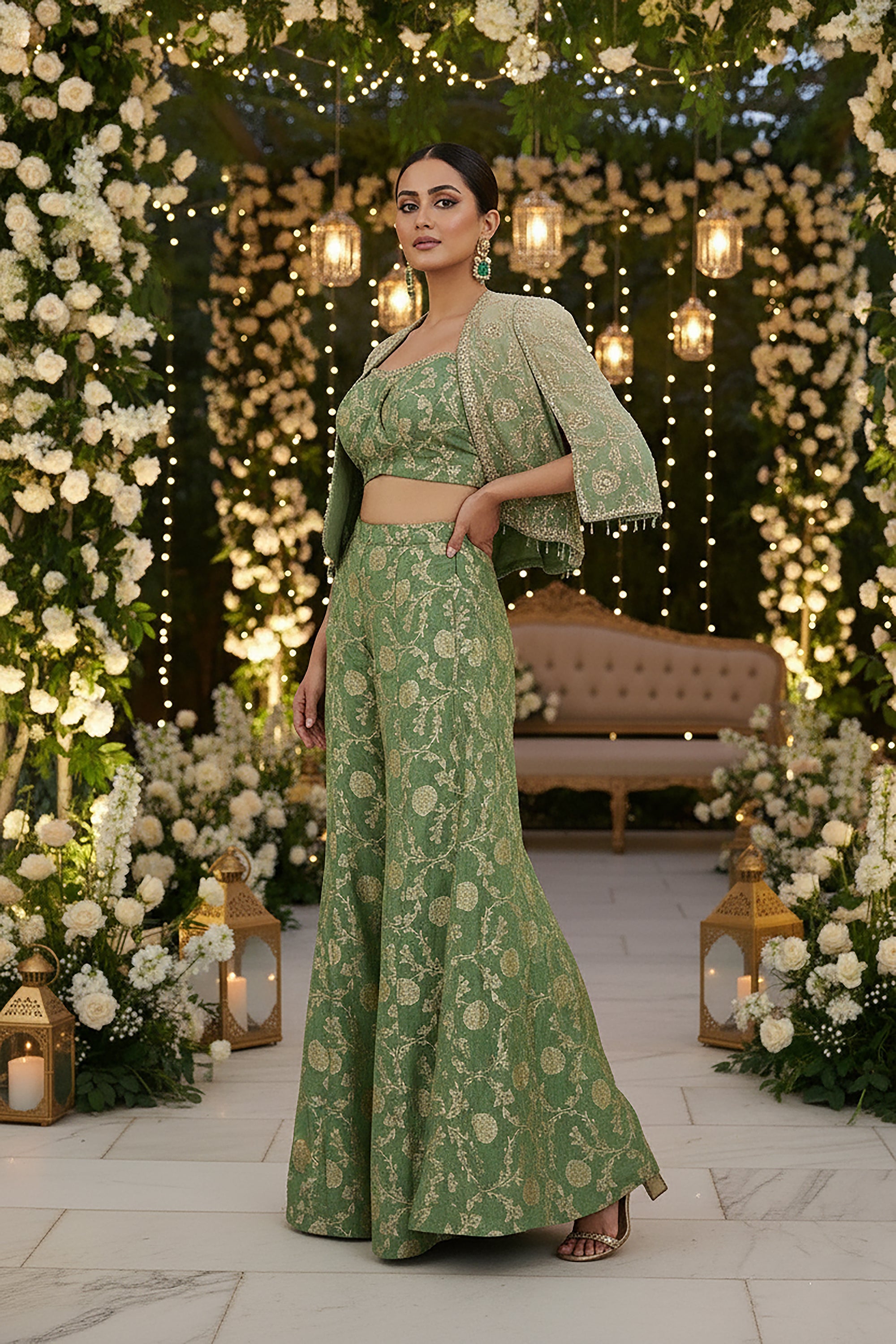 Enchanting Ombre Green Banarasi Crop Top Palazzo with Embellished Jacket – Palkhi Fashion