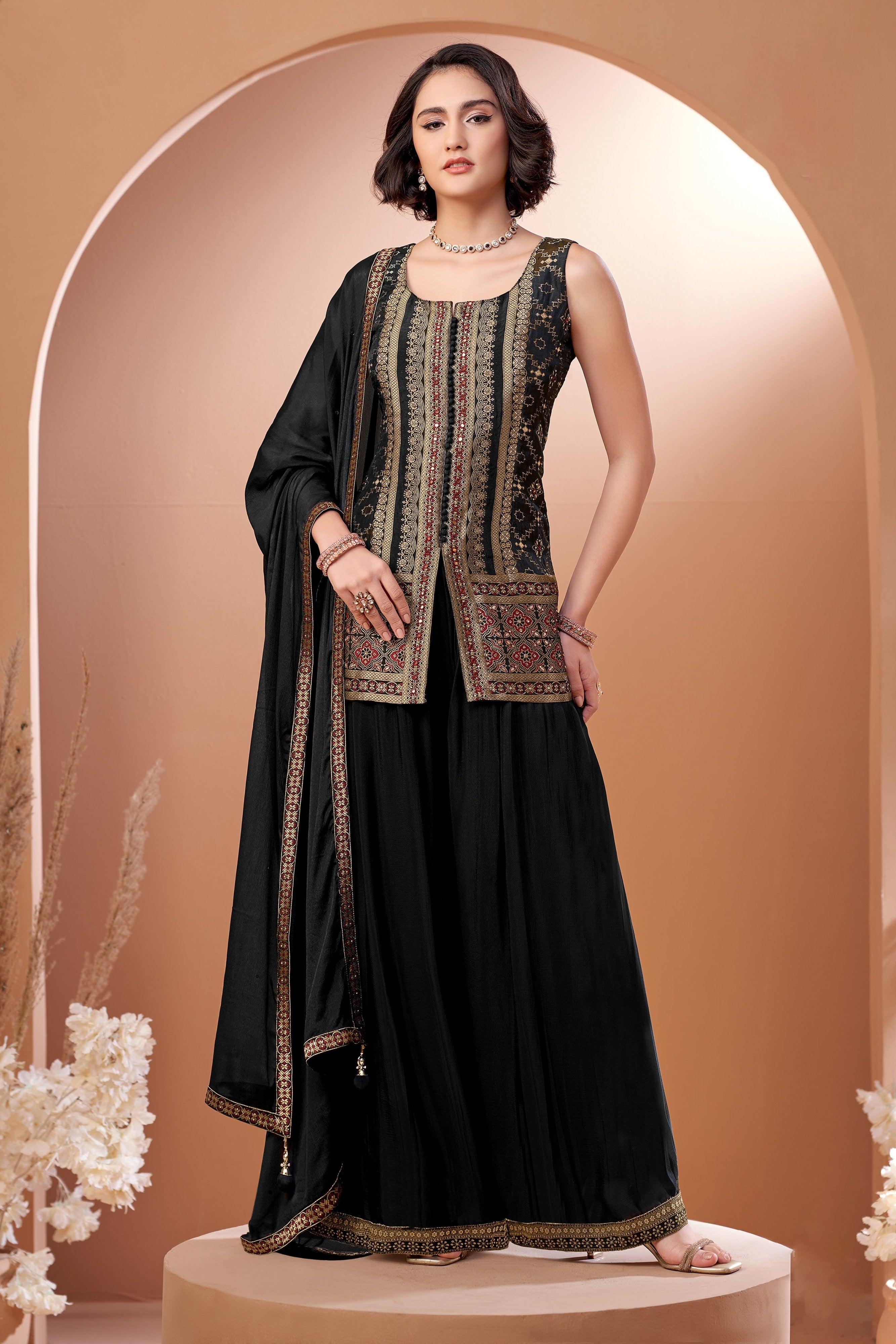 Eternal Elegance: Black Palazzo Suit with Bandhani Weaving – Palkhi Fashion