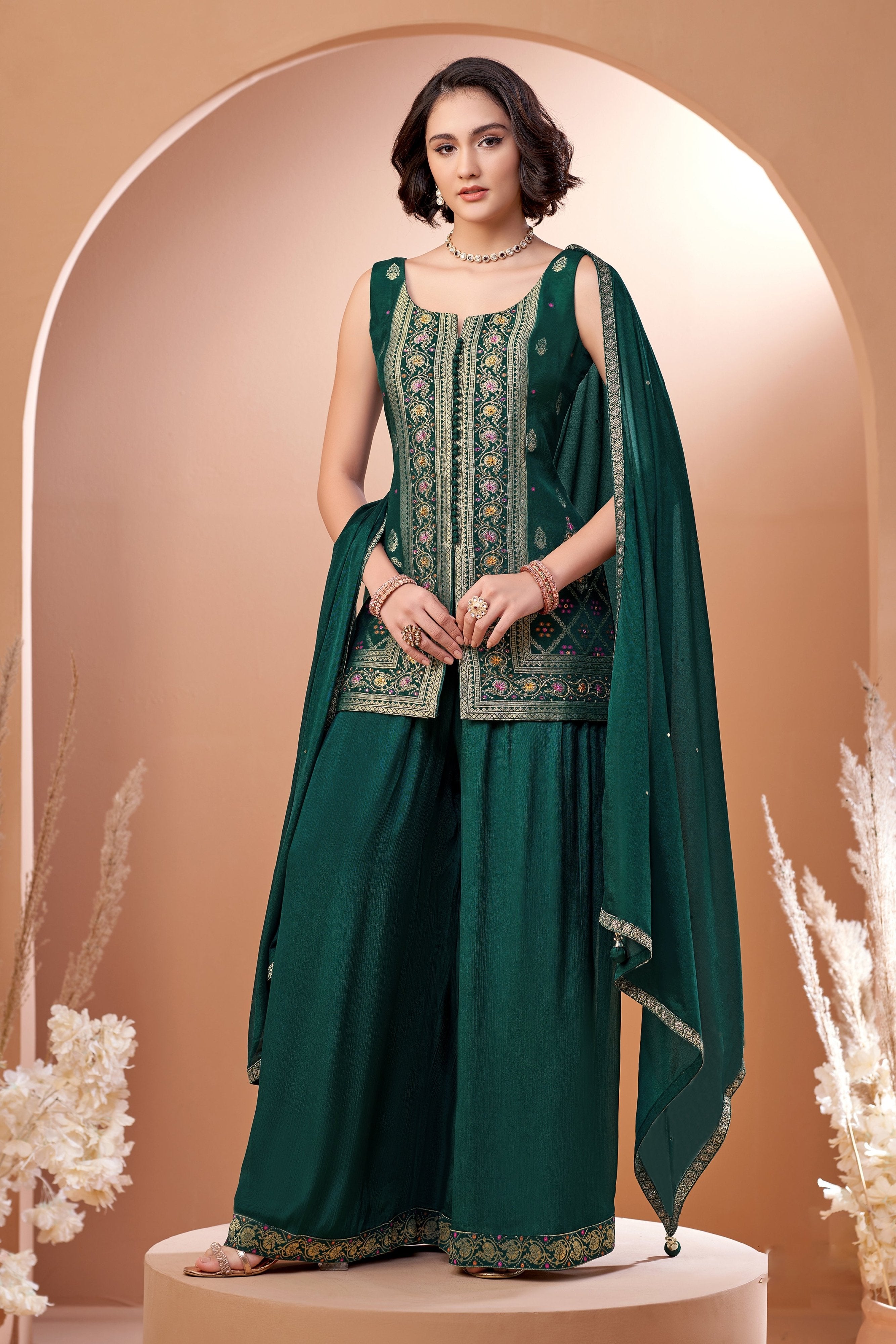 Eternal Elegance: Rama Green Palazzo Suit with Bandhani Weaving – Palkhi Fashion