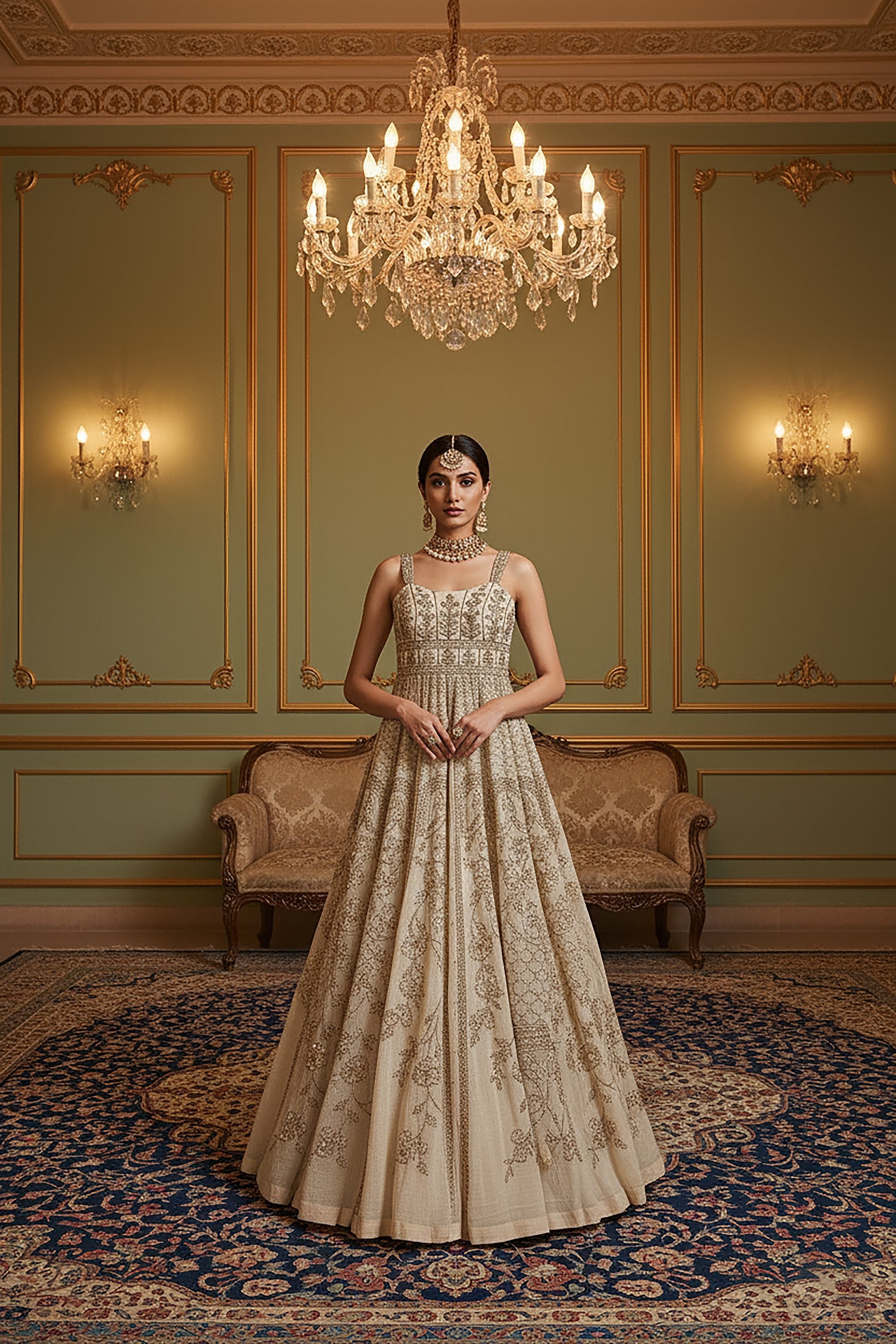 Eternal Ivory Elegance: Stunning Embroidered Designer Anarkali Gown– Palkhi Fashion
