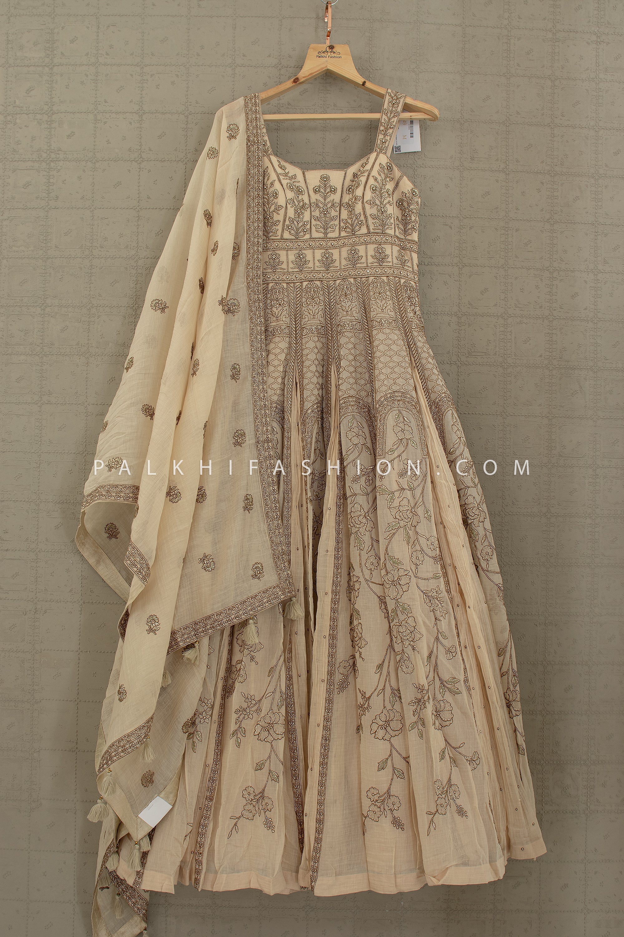Eternal Ivory Elegance: Stunning Embroidered Designer Anarkali Gown– Palkhi Fashion