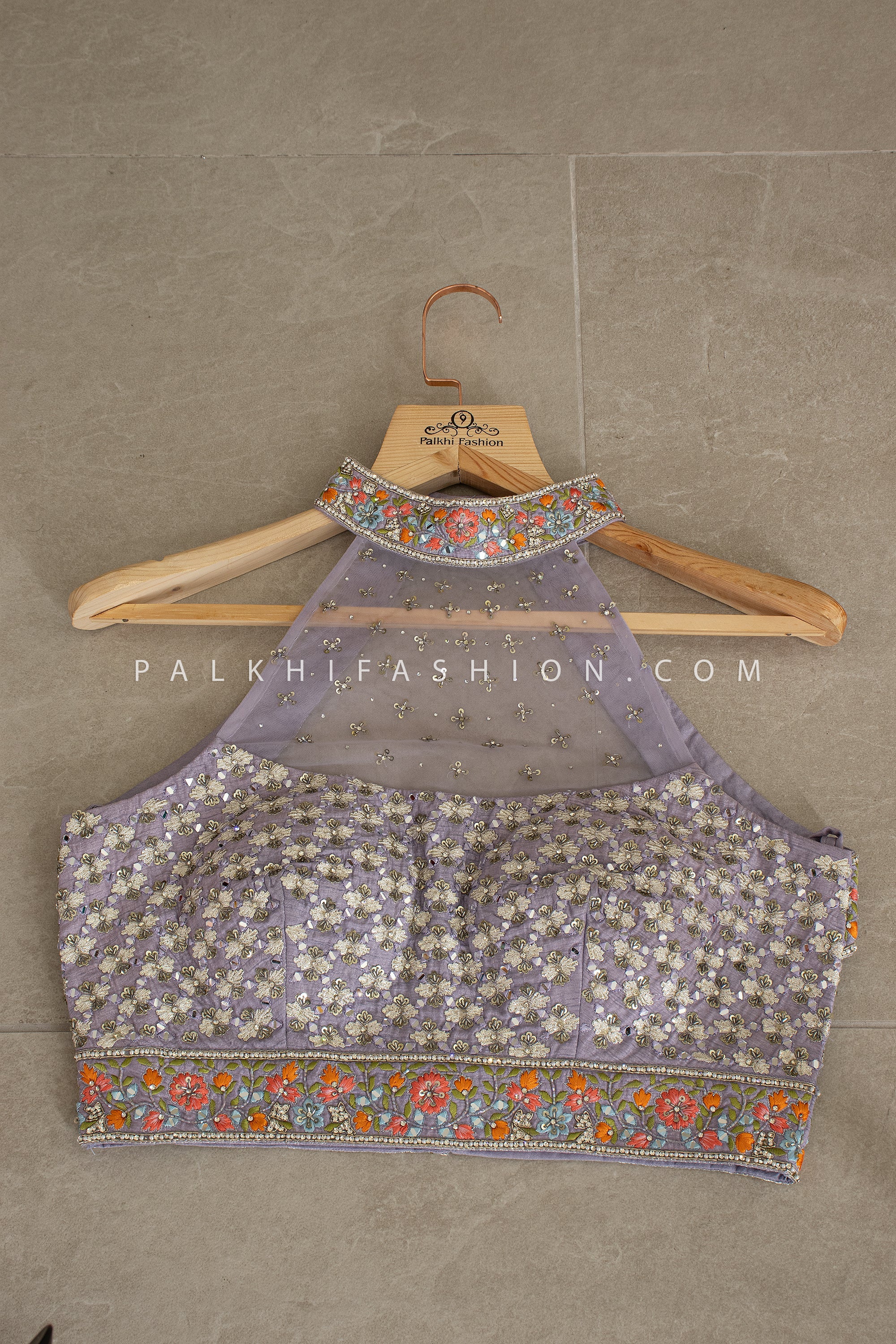 💜 Ethereal Grace: Lavender Embroidered Lehenga Choli with Halter Mirror Work Blouse – Palkhi Fashion