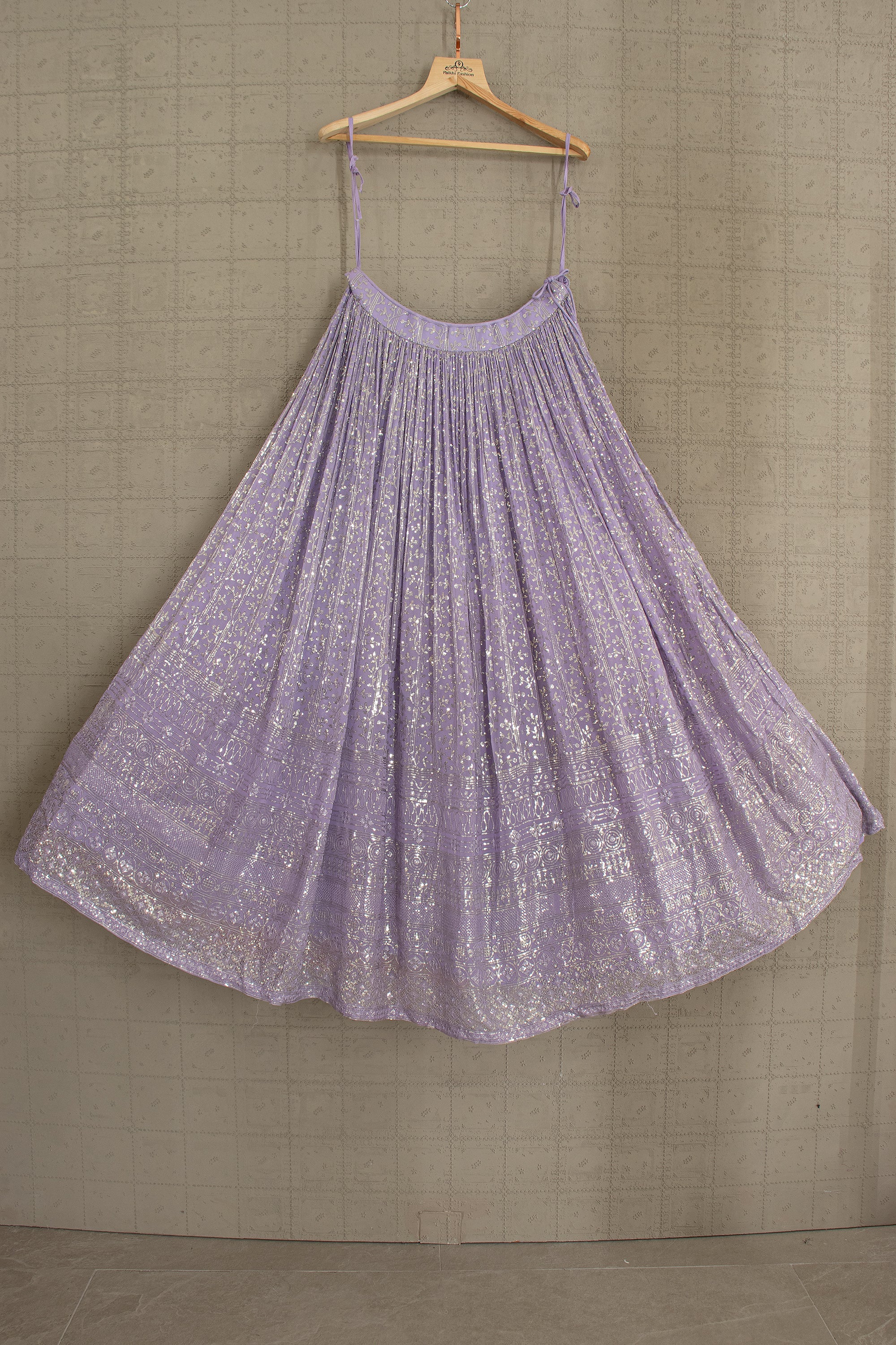 💜 Ethereal Grace: Lavender Embroidered Lehenga Choli with Halter Mirror Work Blouse – Palkhi Fashion