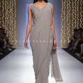🩶 Ethereal Grace: Sculpted Grey Drape Saree with Floral Corset Blouse – Palkhi Fashion
