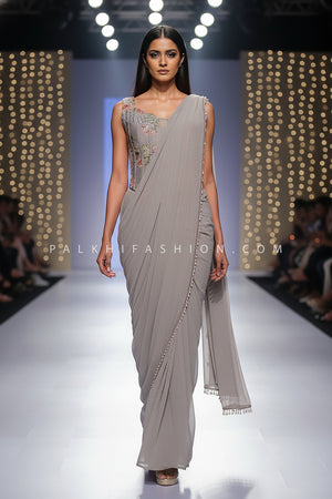 🩶 Ethereal Grace: Sculpted Grey Drape Saree with Floral Corset Blouse – Palkhi Fashion