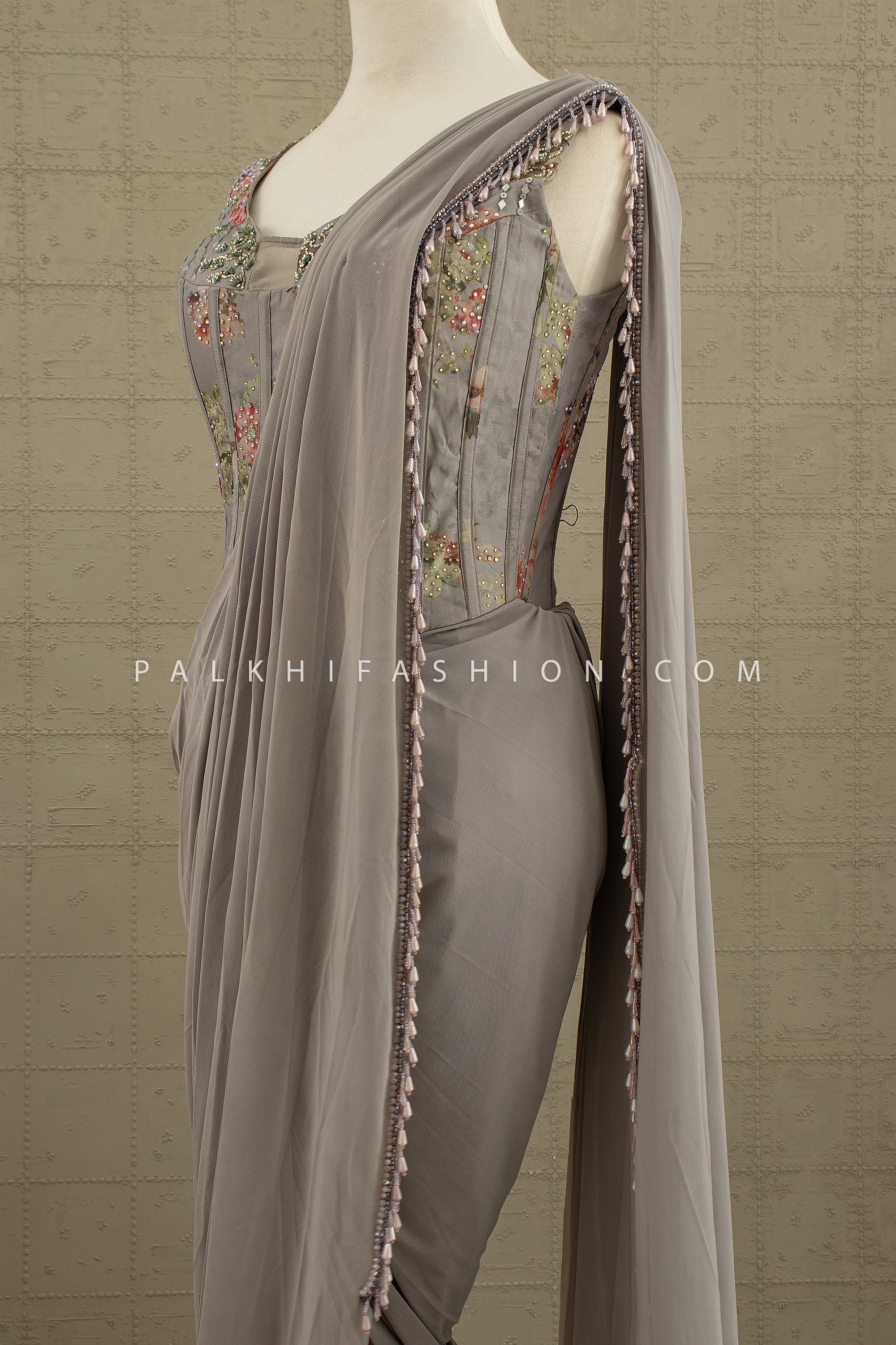 🩶 Ethereal Grace: Sculpted Grey Drape Saree with Floral Corset Blouse – Palkhi Fashion