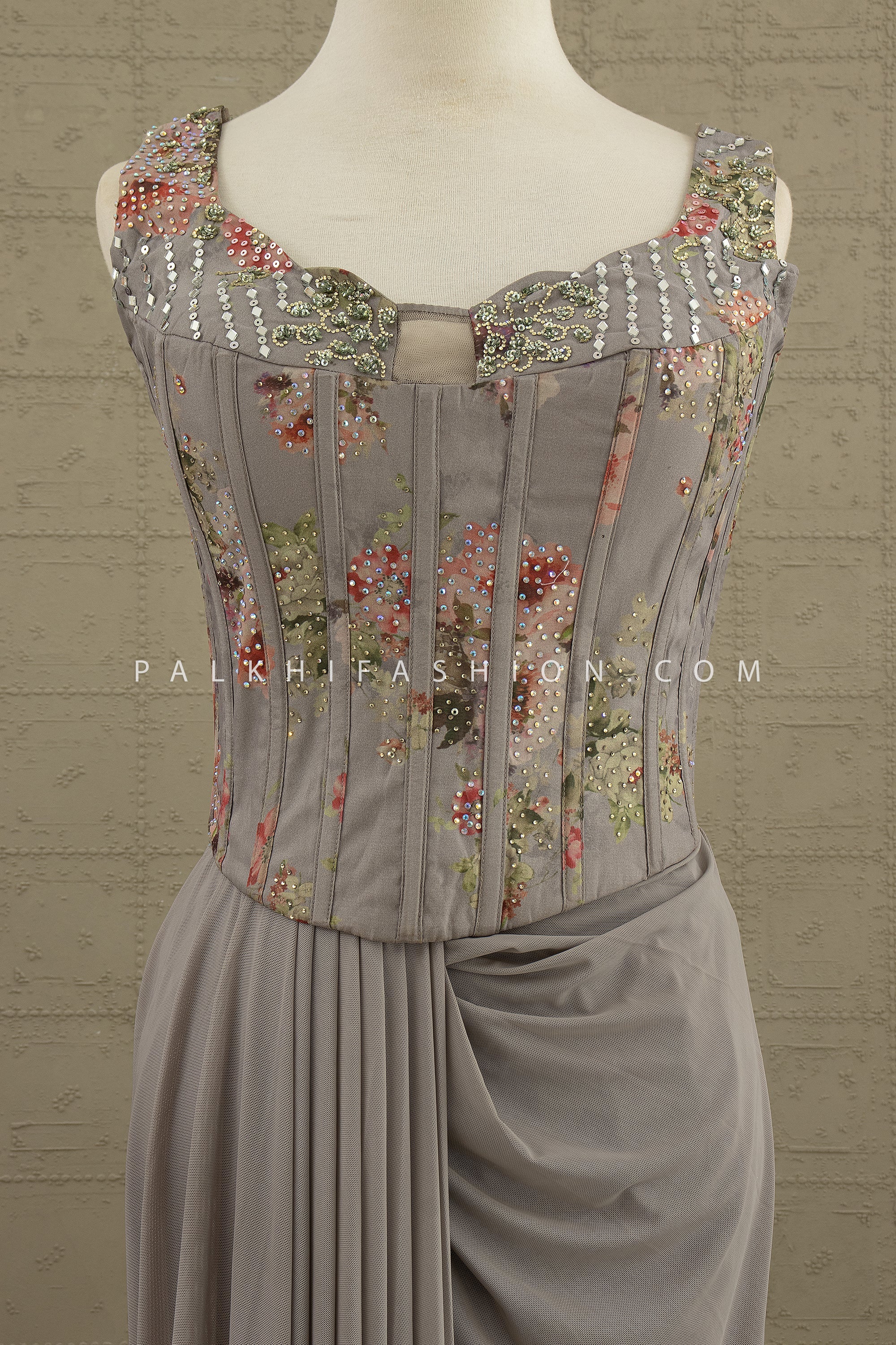 🩶 Ethereal Grace: Sculpted Grey Drape Saree with Floral Corset Blouse – Palkhi Fashion