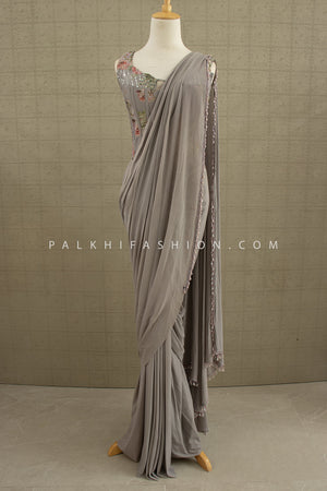 🩶 Ethereal Grace: Sculpted Grey Drape Saree with Floral Corset Blouse – Palkhi Fashion