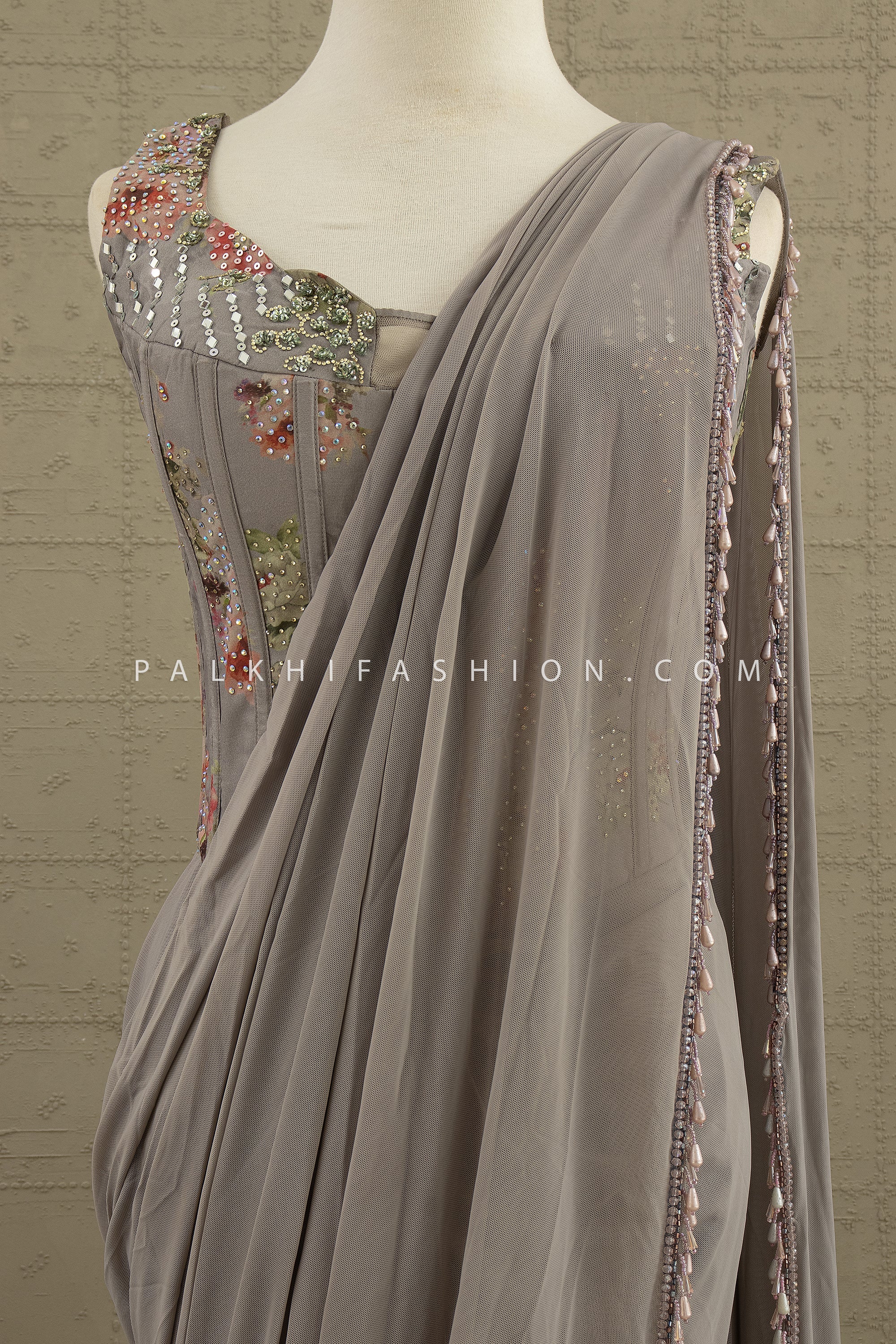 🩶 Ethereal Grace: Sculpted Grey Drape Saree with Floral Corset Blouse – Palkhi Fashion