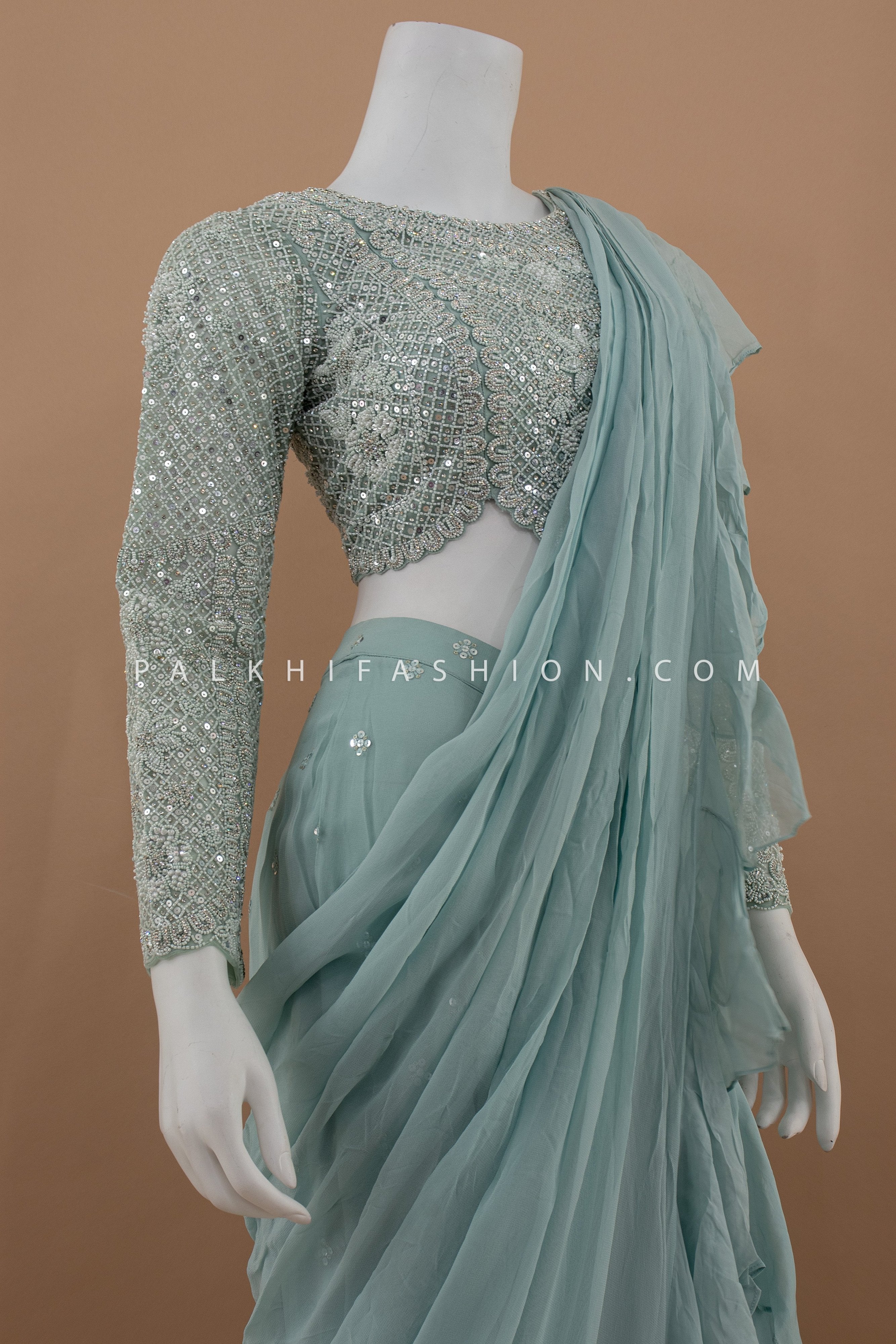 🩵 Ethereal Mist: Powder Blue Pre - Draped Palazzo Set with Handwork Blouse – Palkhi Fashion