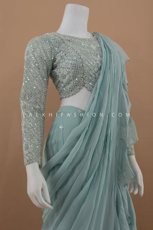 🩵 Ethereal Mist: Powder Blue Pre - Draped Palazzo Set with Handwork Blouse – Palkhi Fashion