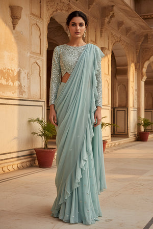 🩵 Ethereal Mist: Powder Blue Pre - Draped Palazzo Set with Handwork Blouse – Palkhi Fashion