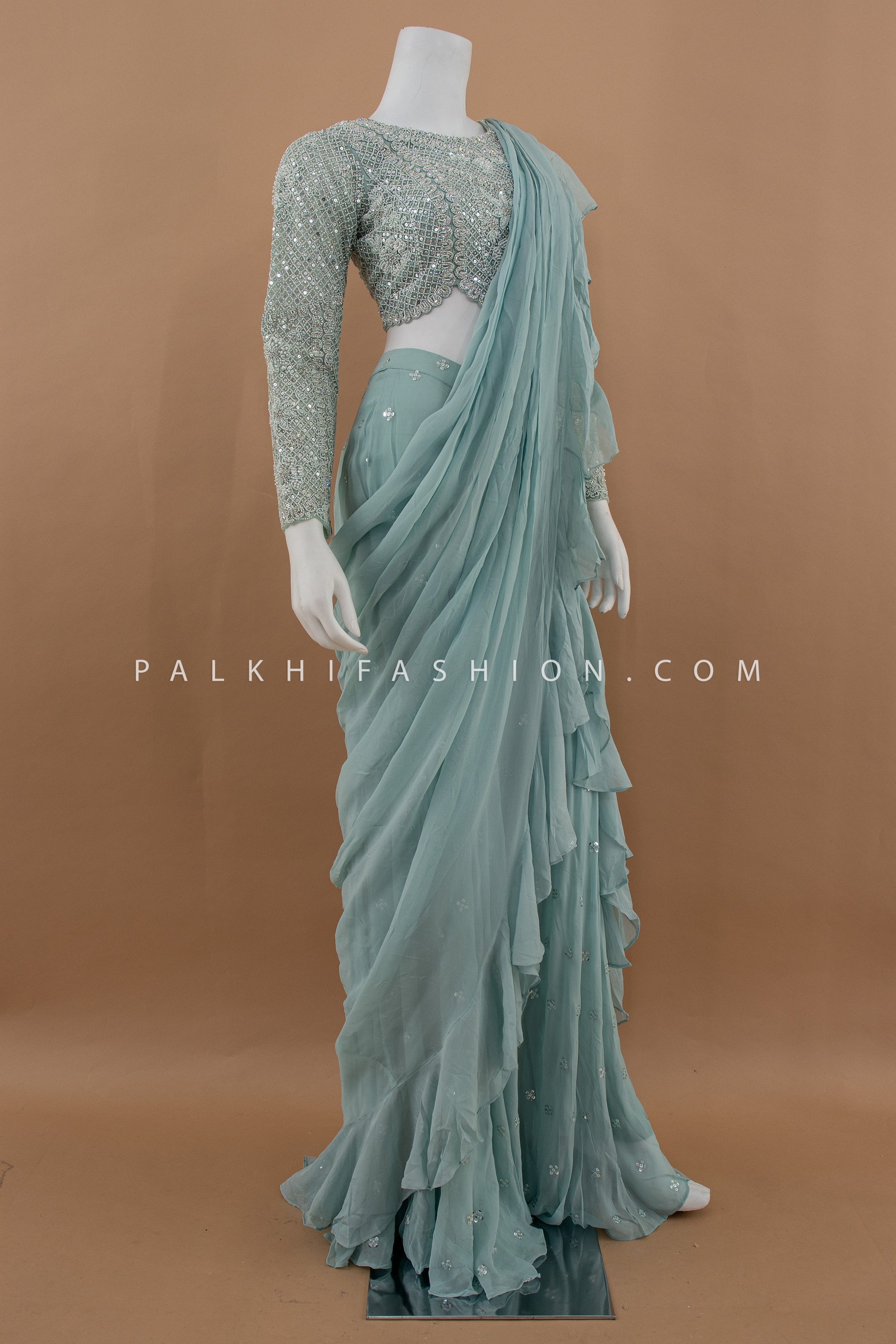 🩵 Ethereal Mist: Powder Blue Pre - Draped Palazzo Set with Handwork Blouse – Palkhi Fashion