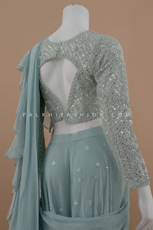 🩵 Ethereal Mist: Powder Blue Pre - Draped Palazzo Set with Handwork Blouse – Palkhi Fashion