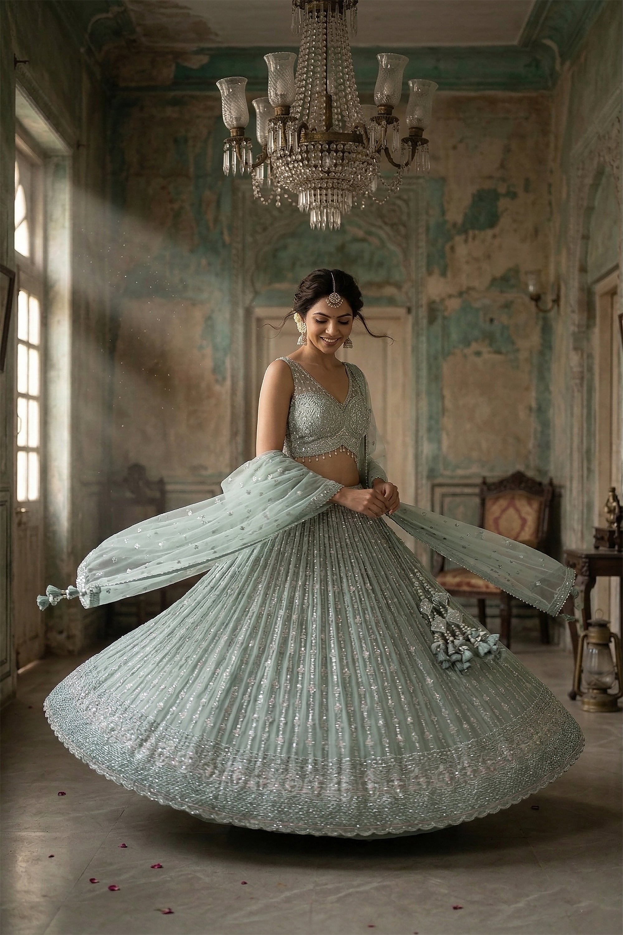 Ethereal Pastel Radiance – Sage Green Hand Embroidered Lehenga Set | Palkhi Fashion