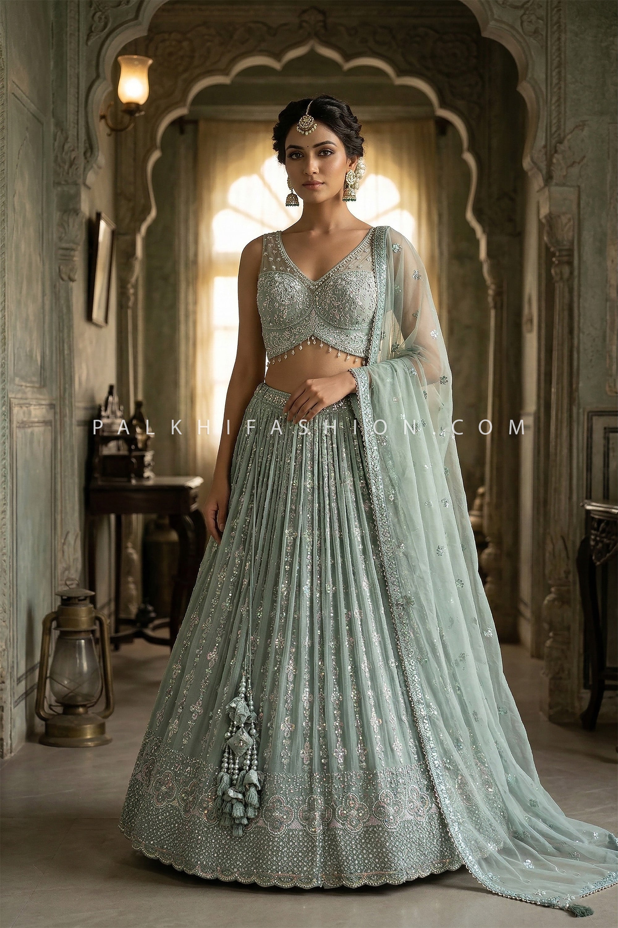 Ethereal Pastel Radiance – Sage Green Hand Embroidered Lehenga Set | Palkhi Fashion