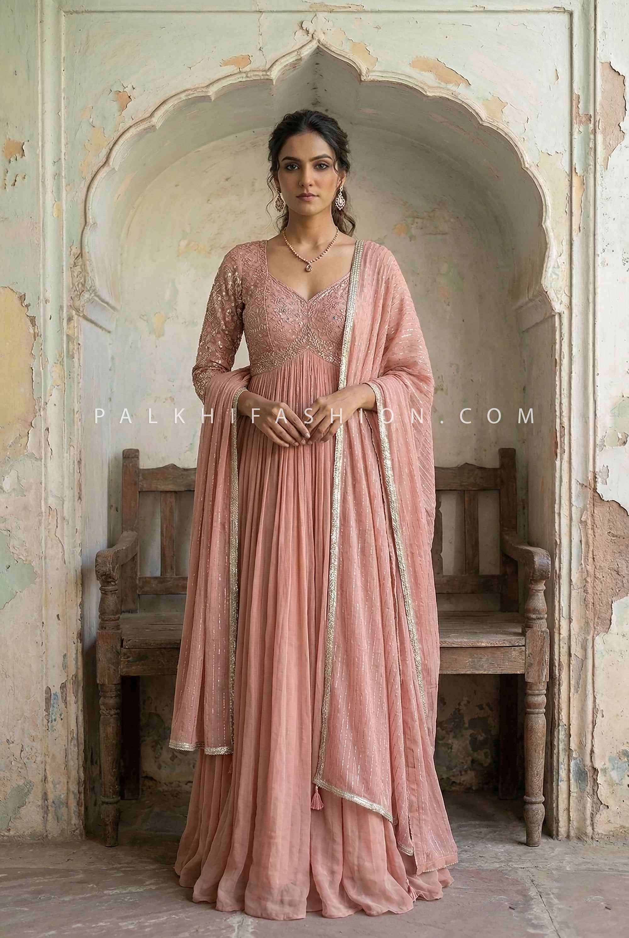 Peach Georgette Alia-Cut Gown with Stone & Sequin Work | Palkhi Fashion 40 Peach Georgette Alia-Cut Gown with Stone & Sequin Work | Palkhi Fashion 40