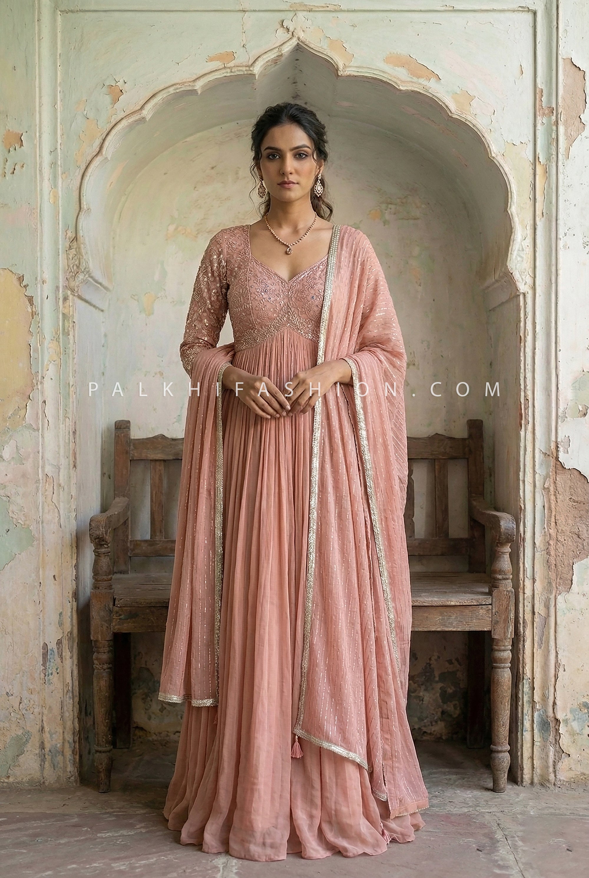 Ethereal Peach Alia - Cut Georgette Gown with Hand Embroidery — Palkhi Fashion