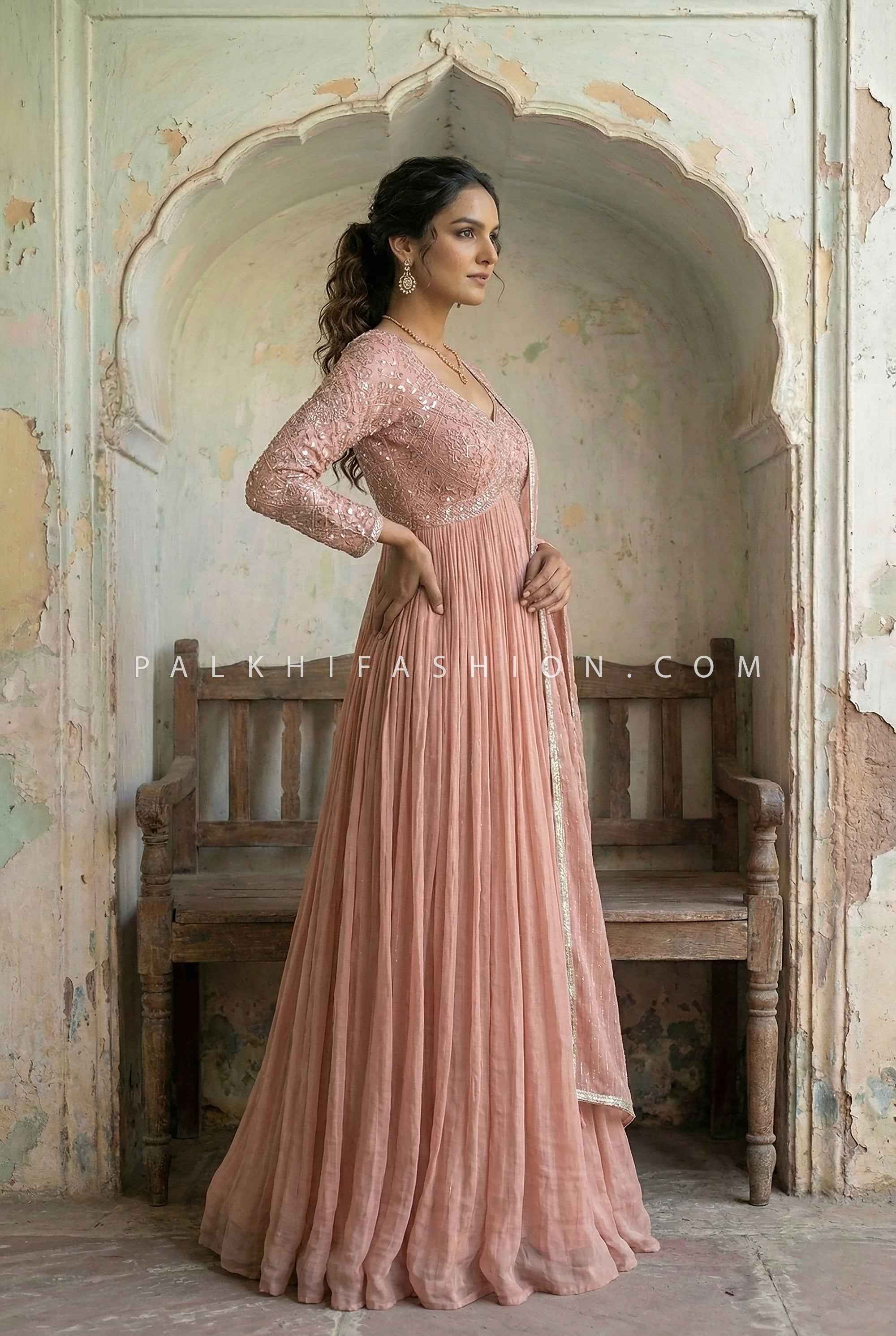 Timeless Chikankari Georgette Anarkali Gown Palkhi Fashion Pale Pink / 38 Timeless Chikankari Georgette Anarkali Gown Palkhi Fashion Pale Pink / 38